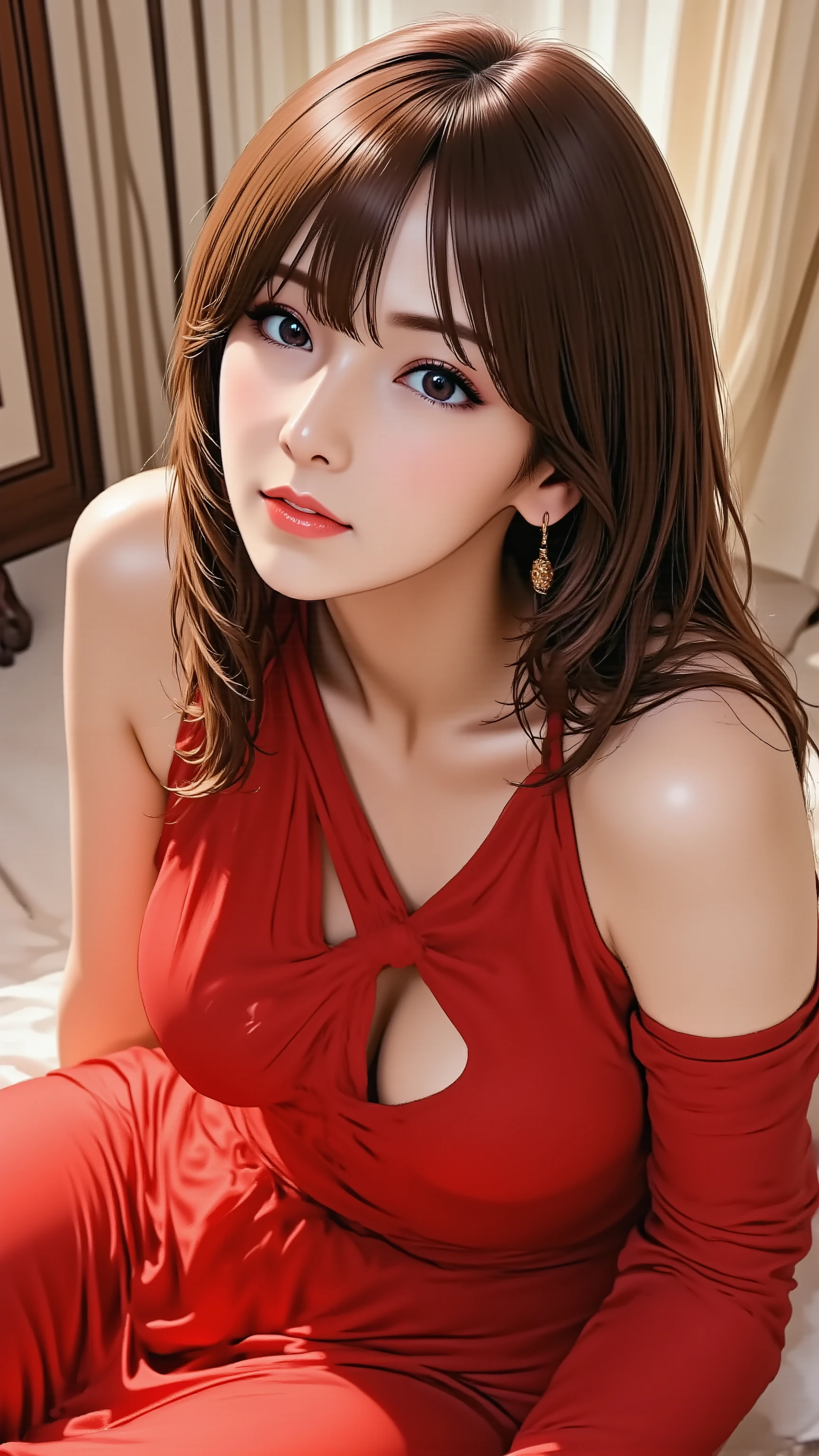 A glamorous cabaret girl in a flowing red evening dress and red high heels. She is in a full-body yokozuwari pose, with an arched back, looking up towards the camera with a slight smile. She has long silky hair and heavy makeup with red lips. Shot from a high angle.