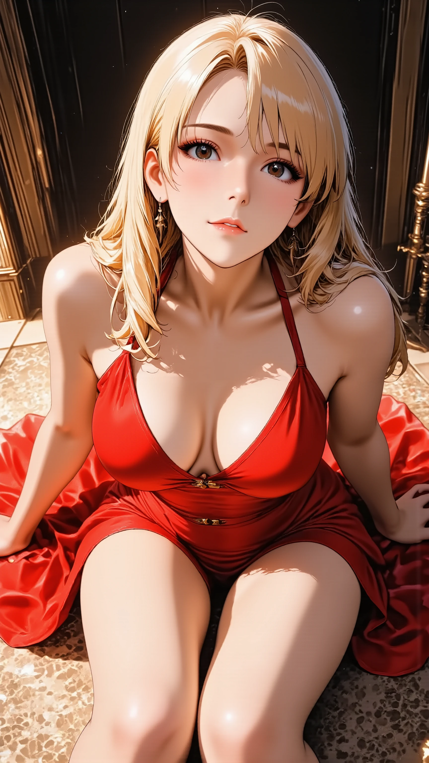 A glamorous cabaret girl in a flowing red evening dress and red high heels. She is in a full-body yokozuwari pose, with an arched back, looking up towards the camera with a slight smile. She has long silky hair and heavy makeup with red lips. Shot from a high angle.