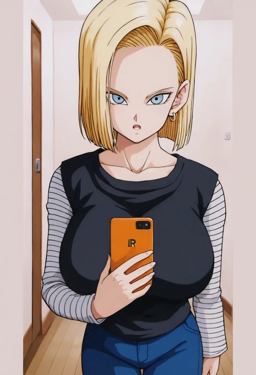 amazing quality,very aesthetic,absurdres,best quality,newest,masterpiece,4k resolution, absurdres, highres, detailed background, kishimoto masashi, watercolor (medium), 
 <lora:smartphone_screen:1> smartphone screen, phone, <lora:c18_v1:0.7> android 18, short hair, blue eyes, blonde hair, dragon ball, watercolor (medium), expressionless, ?, dutch angle,