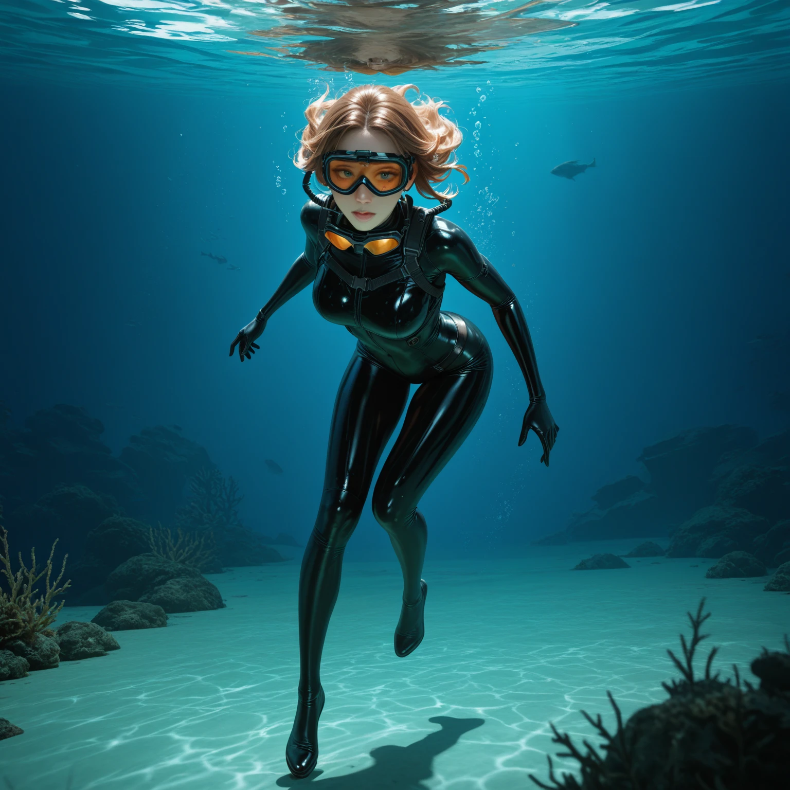woman in wetsuit and goggles diving in a coral reef, mermaid cyborg with a laser whip, quiet from metal gear solid v, sitting in her throne underwater, lara croft as spiderwoman, quiet from metal gear solid, steven klein, wrapped in black tentacles, pov underwater, latex skin, underwater photography, wearing leather swim suite, rubber suit, in a underwater horror scene