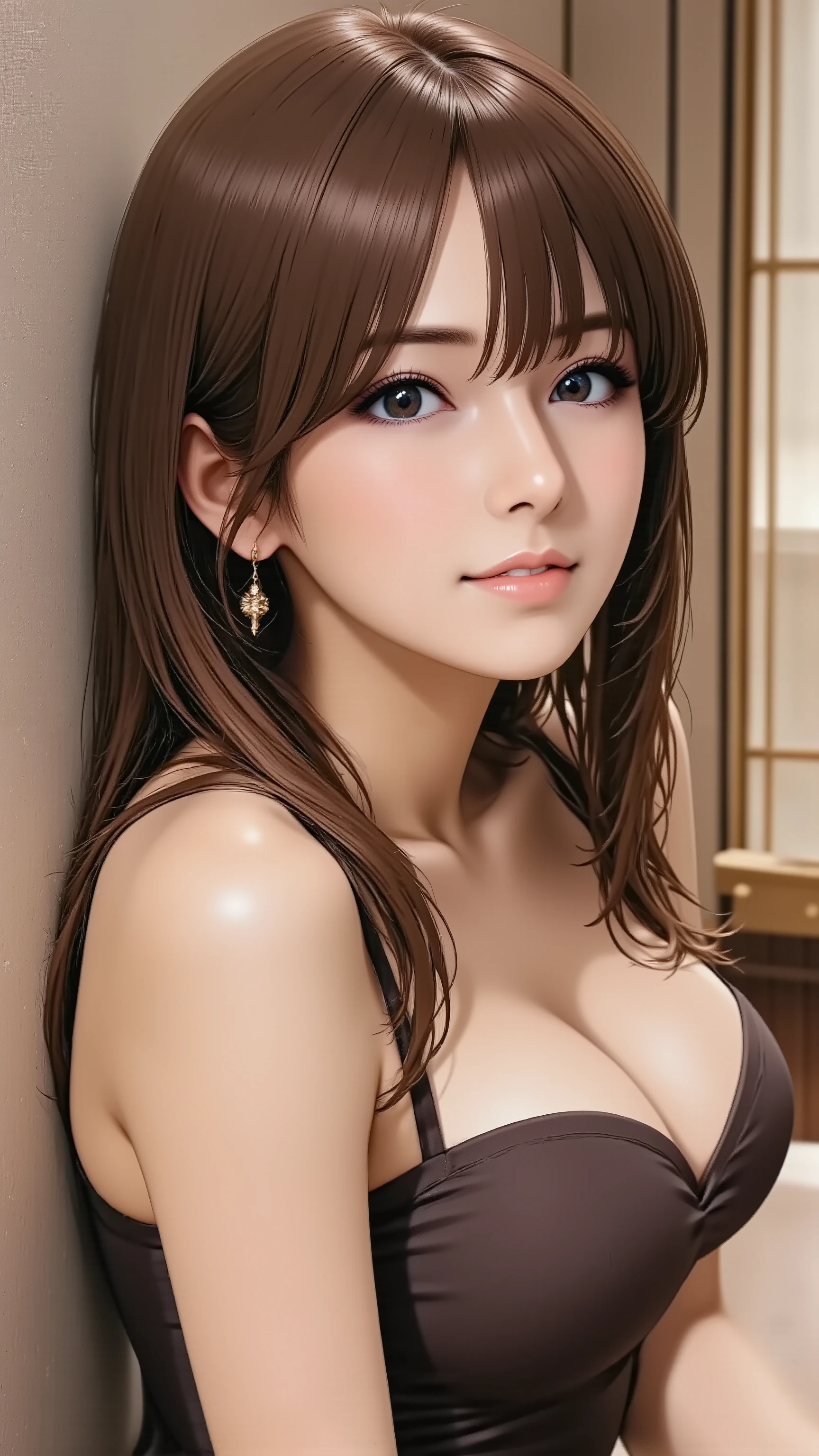 A beautiful adult woman with a captivating gaze, wearing a sophisticated cocktail dress. She has natural and correct anatomy, including her hands and feet. She is leaning casually against a textured wall, one arm gently bent, a relaxed expression on her face, and a soft, inviting smile. Her silky long hair frames her face. Shot from a slightly low angle, three-quarter body.