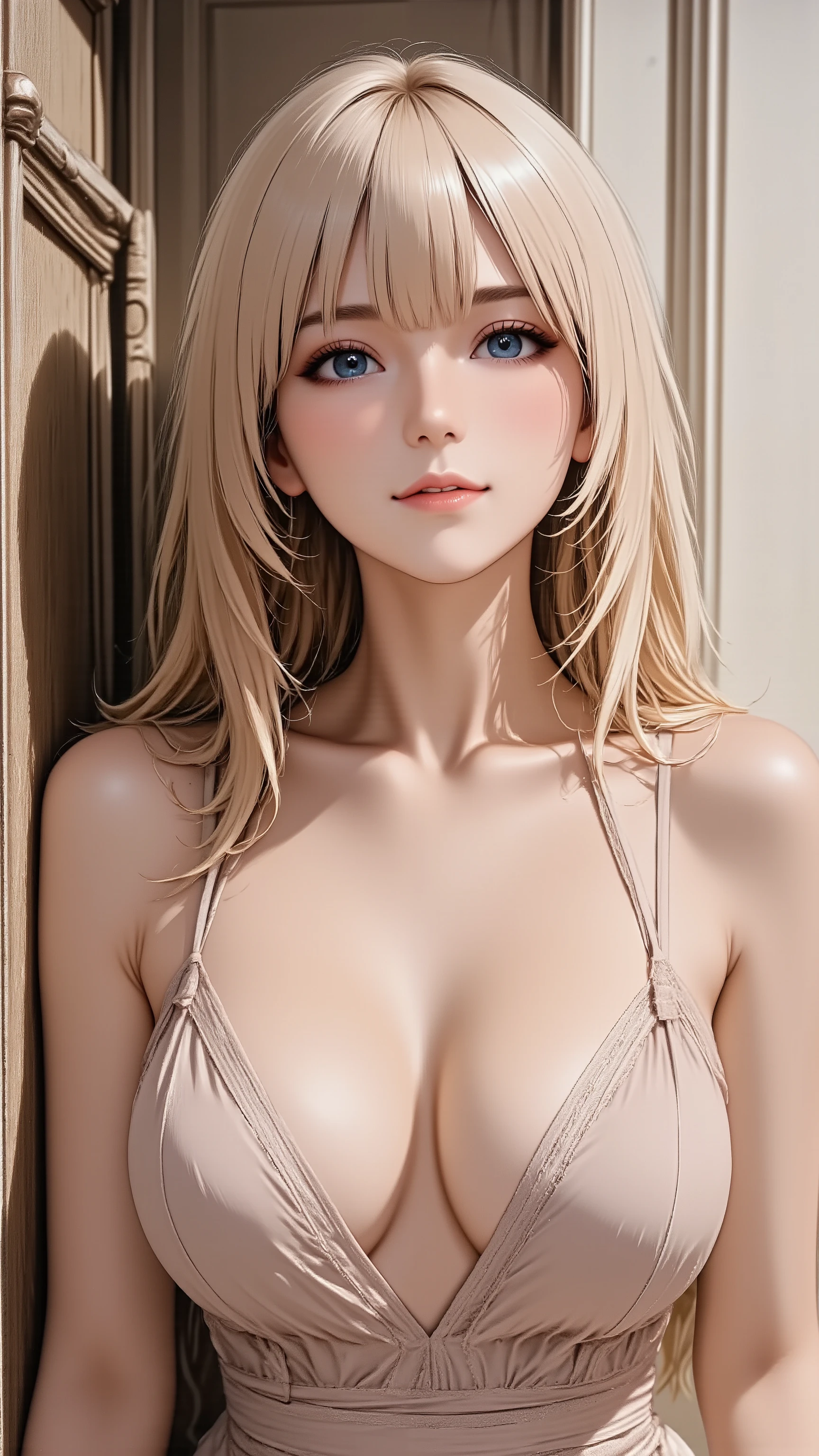 A beautiful adult woman with a captivating gaze, wearing a sophisticated cocktail dress. She has natural and correct anatomy, including her hands and feet. She is leaning casually against a textured wall, one arm gently bent, a relaxed expression on her face, and a soft, inviting smile. Her silky long hair frames her face. Shot from a slightly low angle, three-quarter body.