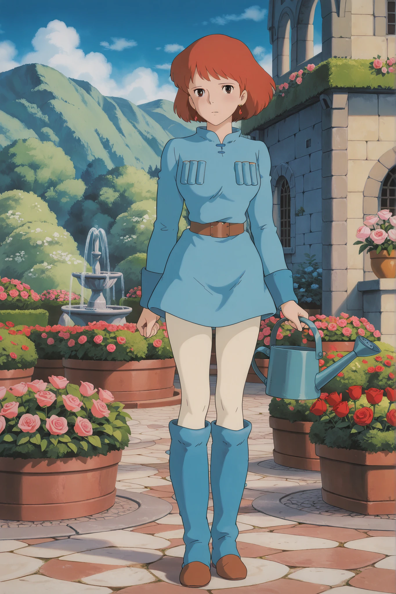  (Masterpiece, top quality, 8k, High quality anime, detailed and accurate anime poster, Studio Ghibli style, High sense Art ), Nausicaa, 1girl, very sentimental, she is watering the flowers with a watering can in English garden, beautiful rose garden, garden table, small fountain, rose arcade, red and pink rose, look at viewer, mouth open a little, beautiful marble wall, tall hedge, she stares back shyly, orange hair, short hair, ((elegant short bob cut)), dark brown eyes, beautiful clear eyes, double eyelids, Red Gemstone Earrings, beautiful breasts, beautiful legs, perfect body balance, perfect beauty, slender body, beautiful eyes, (look at audience), Valley of the Wind Scenery, Beautiful scenery in the castle, Cobblestone load, Baroque castle, the wind blows through, ((very adorable)), ((very elegant)),  very sweet face with sadness, Ivory color tights, blue dress, chest bullet holder, long_sleeves, belt, blue knee boots, front view, close-up face,