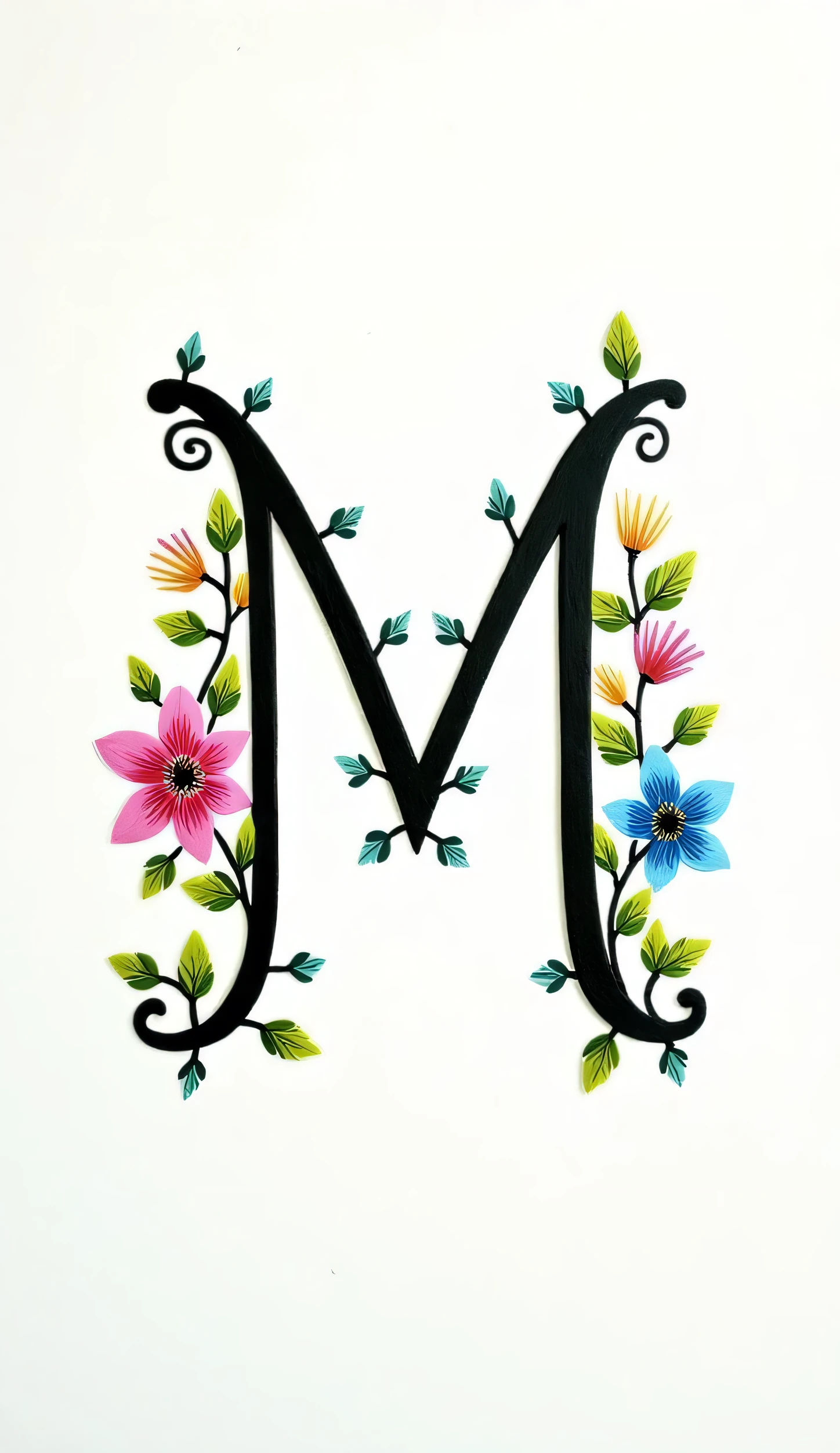 Hand-painted floral design; vertical inscription "M"; light WHITE background; script style letters; MULTICOLOR colored letters; small bouquets of pink and blue flowers; intricate green leaf details; detailed floral embellishments around each letter; vibrant color palette; decorative floral elements; decorative hand-painted lettering; decorative script design; decorative floral design; artistic style; artisanal; folk art; decorative lettering; hand-painted flowers; decorative script; hand-painted floral wall decor; bright colors; WHITE FLORAL colors.