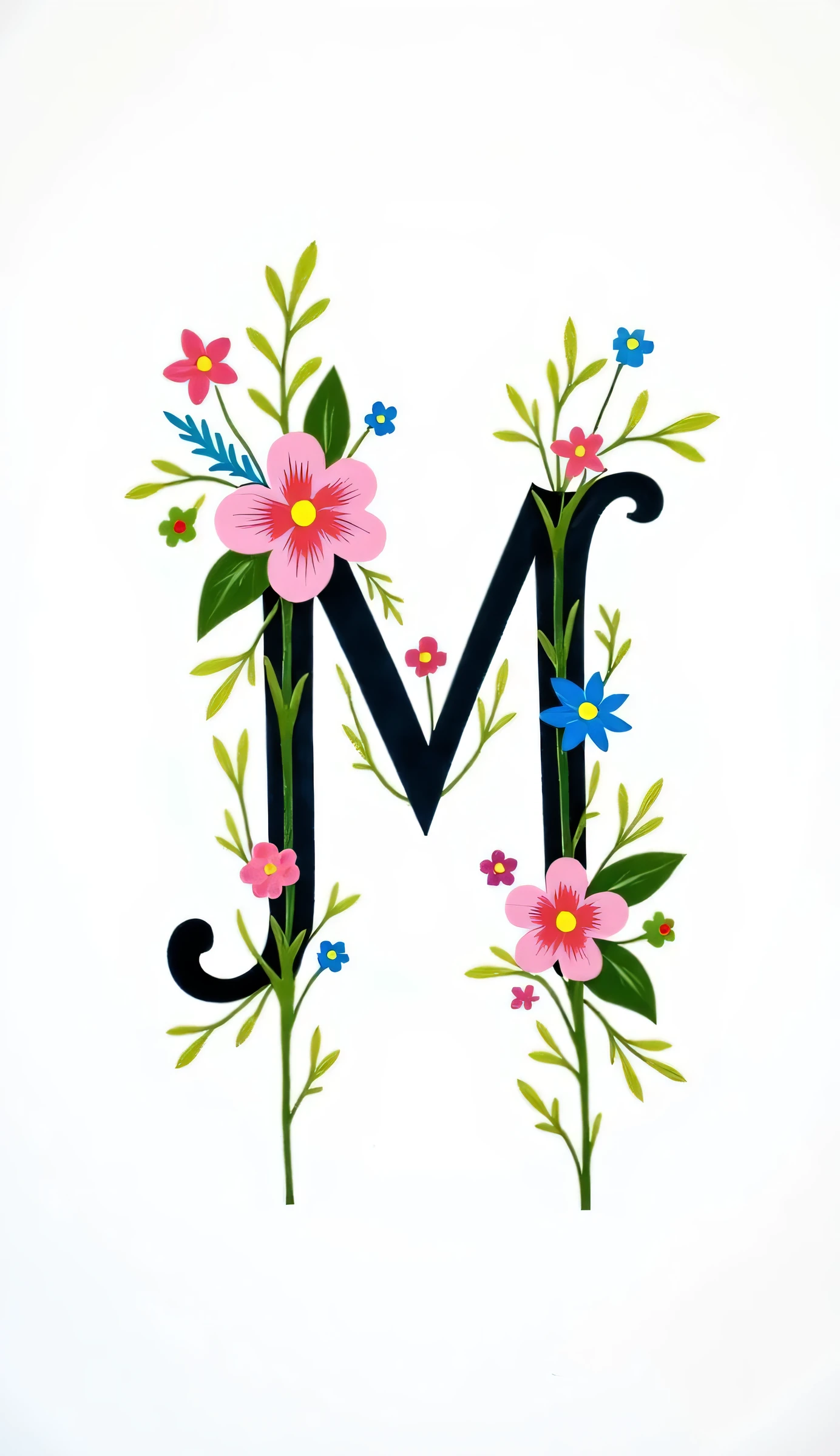 Hand-painted floral design; vertical inscription "M"; light WHITE background; script style letters; MULTICOLOR colored letters; small bouquets of pink and blue flowers; intricate green leaf details; detailed floral embellishments around each letter; vibrant color palette; decorative floral elements; decorative hand-painted lettering; decorative script design; decorative floral design; artistic style; artisanal; folk art; decorative lettering; hand-painted flowers; decorative script; hand-painted floral wall decor; bright colors; WHITE FLORAL colors.