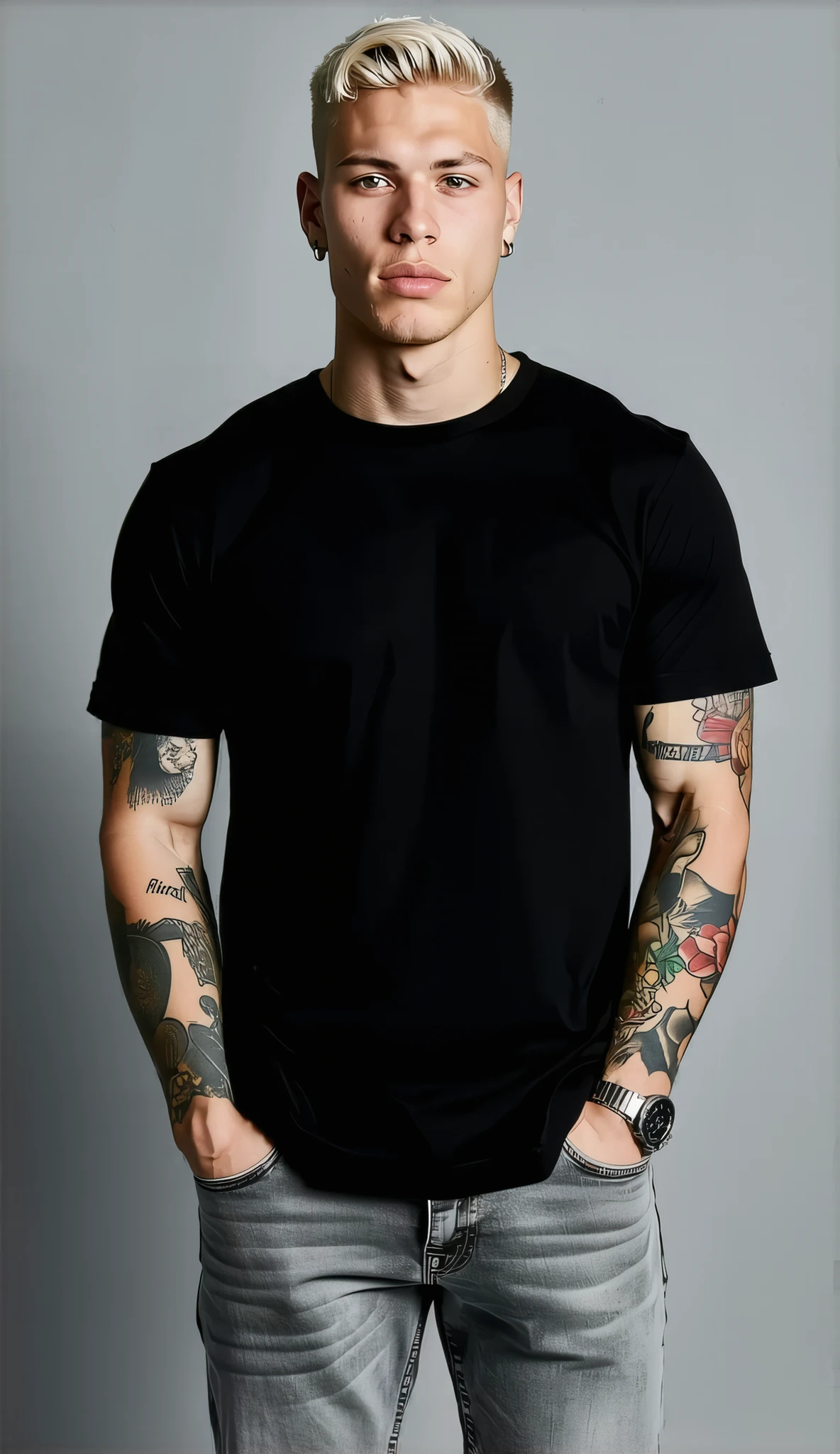 Realistic studio portrait of a young athletic male with light skin and tattoos on arms, wearing a plain black t-shirt like the reference image, casual jeans. The model faces the camera frontally with a confident but natural look, hands in pockets. Studio lighting setup with soft shadows and neutral gray background. Hyper-detailed realism, visible fabric folds and skin pores, 8K resolution, photo taken with Canon EOS R5.