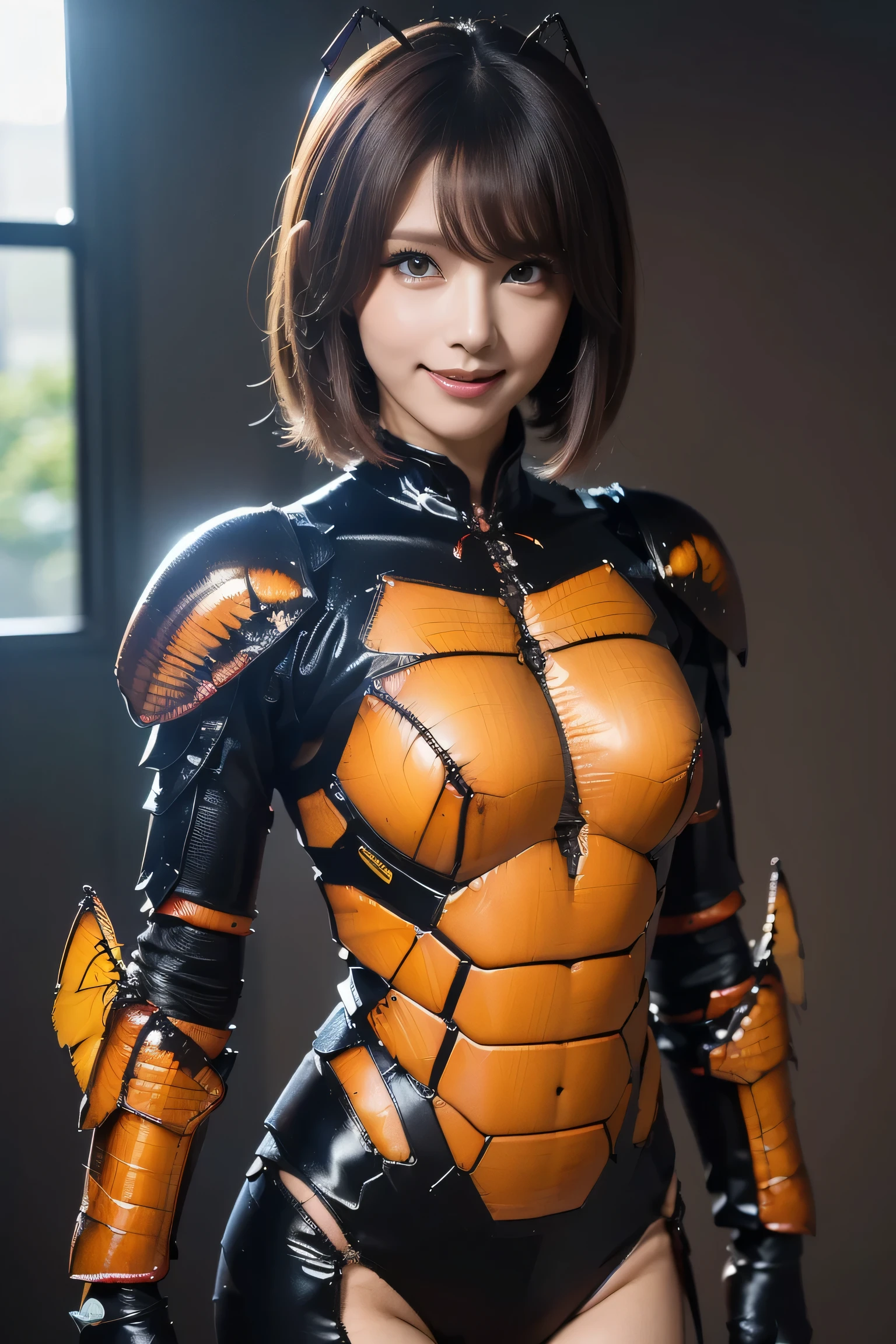 (high resolution,masterpiece,best quality,extremely detailed CG, anime, official art:1.4), realistic, photo, amazing fine details, all intricate, gloss and shiny,awesome many layers, 8k wall paper, 3d, sketch, kawaii, illustration,( solo:1.4), perfect female proportion,villainess, (fusion of dark brown cockroach and lady:1.4), (brown cockroach form lady:1.2), (brown cockroach lady:1.2), (fusion:1.2), (solo:1.4), (evil smile:1.2), muscular, abs, (cockroach brown exoskeleton bio insect suit:1.4), (cockroach brown exoskeleton bio insect armor:1.2), (brown transparency cockroach wing:1.4), (brown cockroach antennae:1.3),