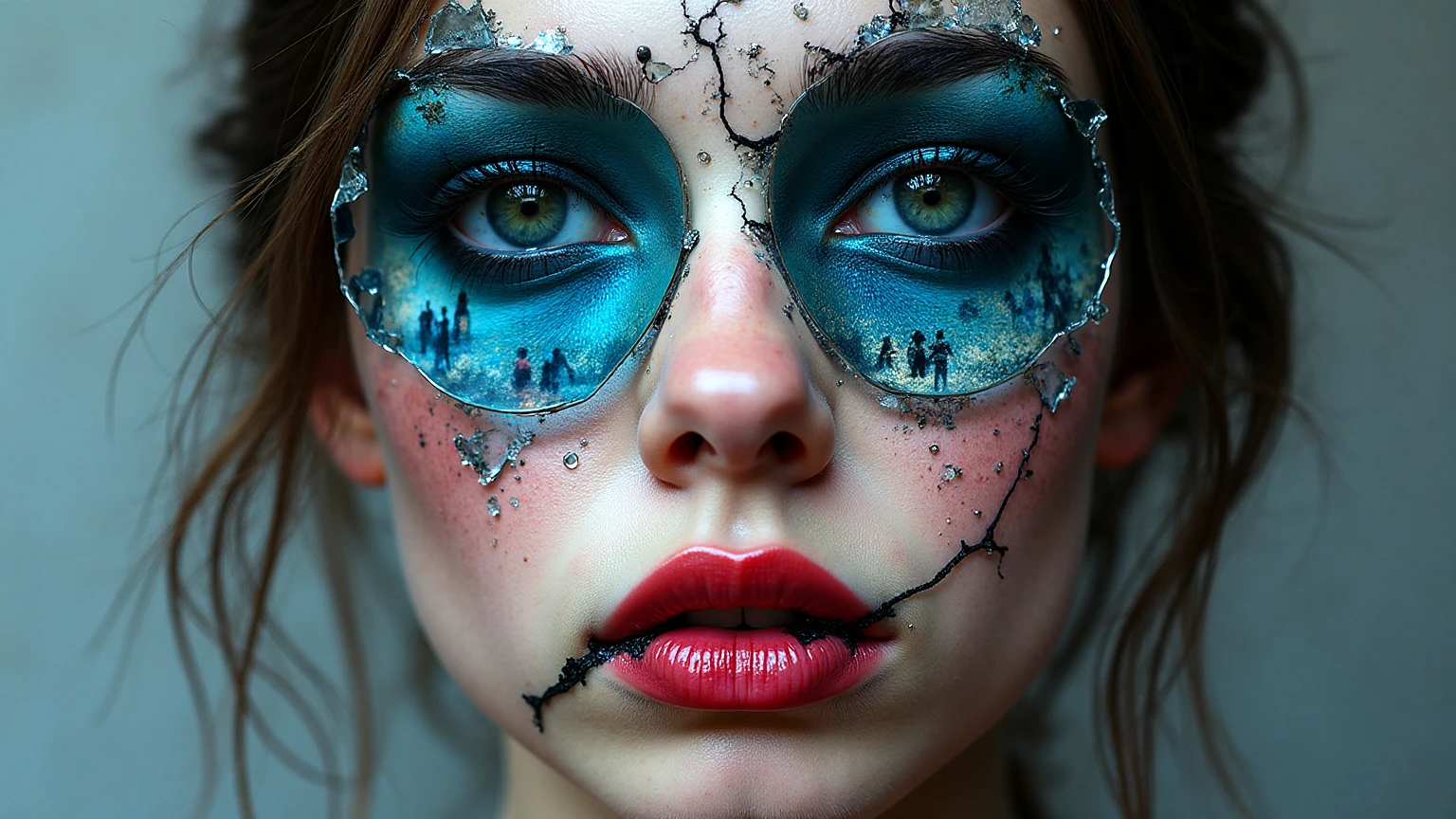 Half of the face is a skull, the other half is a woman , white 25 years old, A red rose 