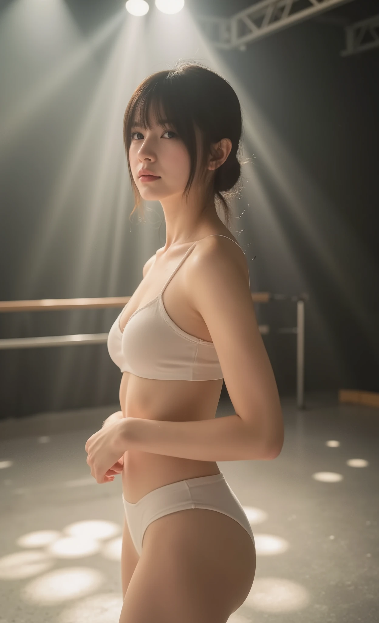 masterpiece, photorealistic, 8k uhd, super detailed, Ultra realistic, Highest Quality, A ballerina wearing sexy white lingerie is filmed during a rehearsal, Theatrical spotlights creating a dramatic chiaroscuro effect, Speckled light patterns scattered across the stage floor, Shot with a Sony Alpha 1 and a GM 135mm lens/1.8, Gorgeous bokeh thanks to Sony's signature rendering, Light flares add an atmospheric glow, Sharp focus capturing the dancer's perfect posture, Dramatically capturing droplets of sweat on skin as they catch light, Showing exceptional muscle definition and facial expression, Stage lights transformed into softly glowing spheres、(curvy:1.5、huge breasts:1.2、cleavage:1.5)