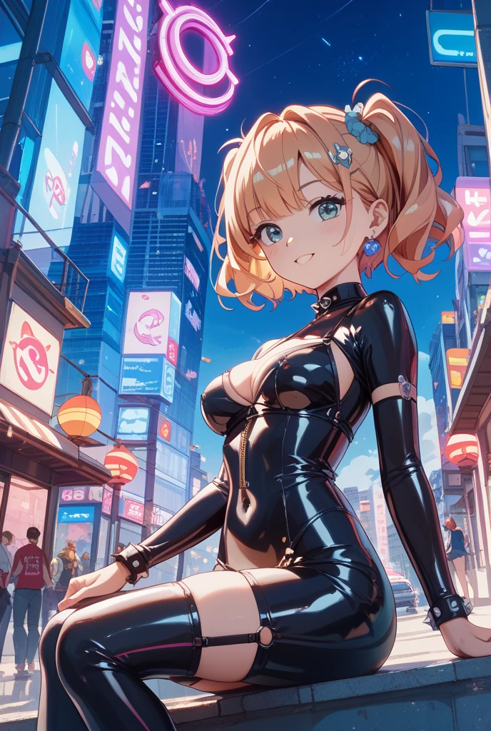 1 girl, Blonde hair, Blonde, Ponytail, Bright pink eyes, Soft colors, , Cute hairpin, Body tattoos, Bracelet in hand, Movie Posters、It depicts a young woman as the protagonist。She stands confidently in the center of the poster，Dress up in stylish futuristic outfits，With a determined expression on his face。Dark and grainy background，Sense of crisis，There are strong。The text becomes bold、Cause for concern，With a catchy slogan，Increase the overall drama and excitement。The color scheme is mainly dark，Dotted with bright colors（（Very large breasts）），（（Grooves reveal original skin））