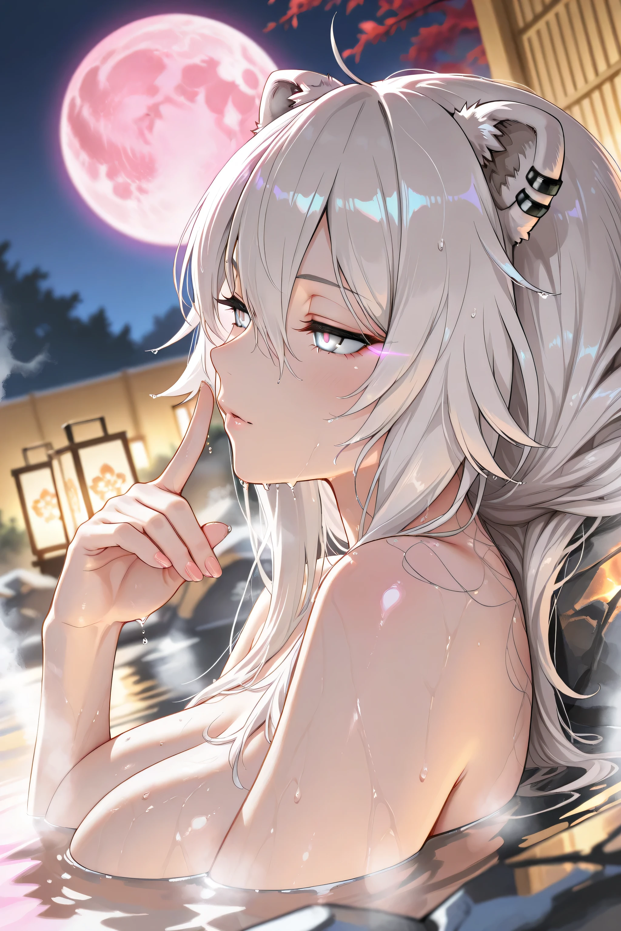 1 sexy gal , Shishiro Botan_(ホロライブ), solo, (masterpiece, top quality, highly detailed depiction, incredibly high resolution, high quality anime picture), (voluminous A-line silhouette), (seductive gestures), wet skin
(Close-up of upper body),hair swaying in the wind (open-air bath), bathing in an open-air bath, pink full moon, steam rising from the bath, shimmering steam, beautiful fine hair
High resolution, highly detailed, dramatic lighting, glowing eyes,reflected light, vivid light effects spreading across the entire screen, dramatic lighting, vivid color effects cascading over the hot spring, background radiating divine brilliance, dynamic angle, stunning, blurred background, whitening the entire scene, numerous lantern lights, colorful steam