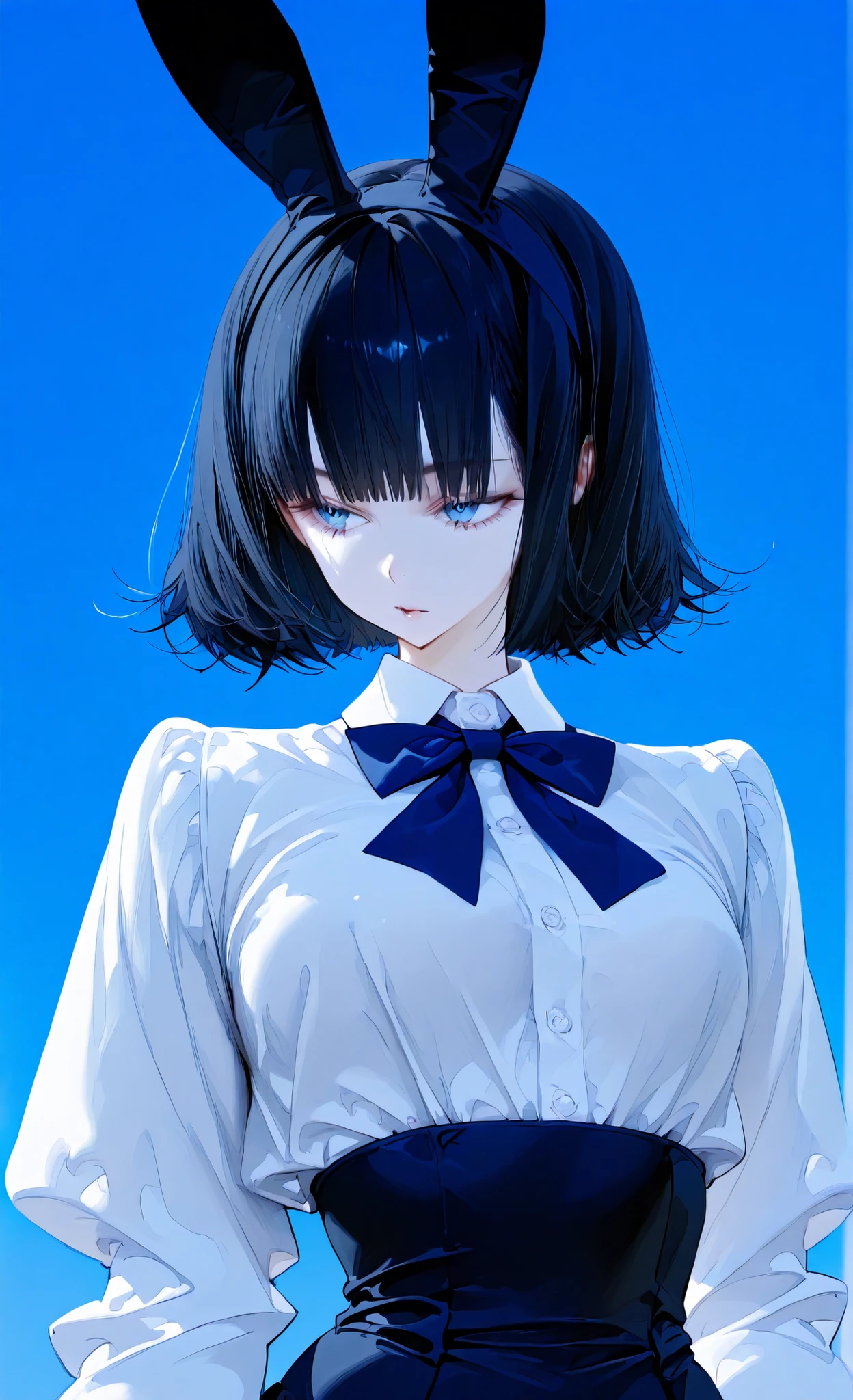 A young woman with long, flowing black hair is depicted wearing a classic school uniform, consisting of a white button-up shirt and a dark blue bow tie. The hair contrasts beautifully against the vivid blue sky in the background, highlighting the midday setting. She is also adorned with a headband featuring tall, black  ears, adding an element of whimsy to her sophisticated appearance. The sunlight gently illuminates her hair and clothes, casting subtle shadows that accentuate the fabric’s texture. Her posture suggests she is seated, with a sense of calmness and poise. The overall mood of the image is serene and slightly playful, combining traditional elements with a hint of fantasy.
