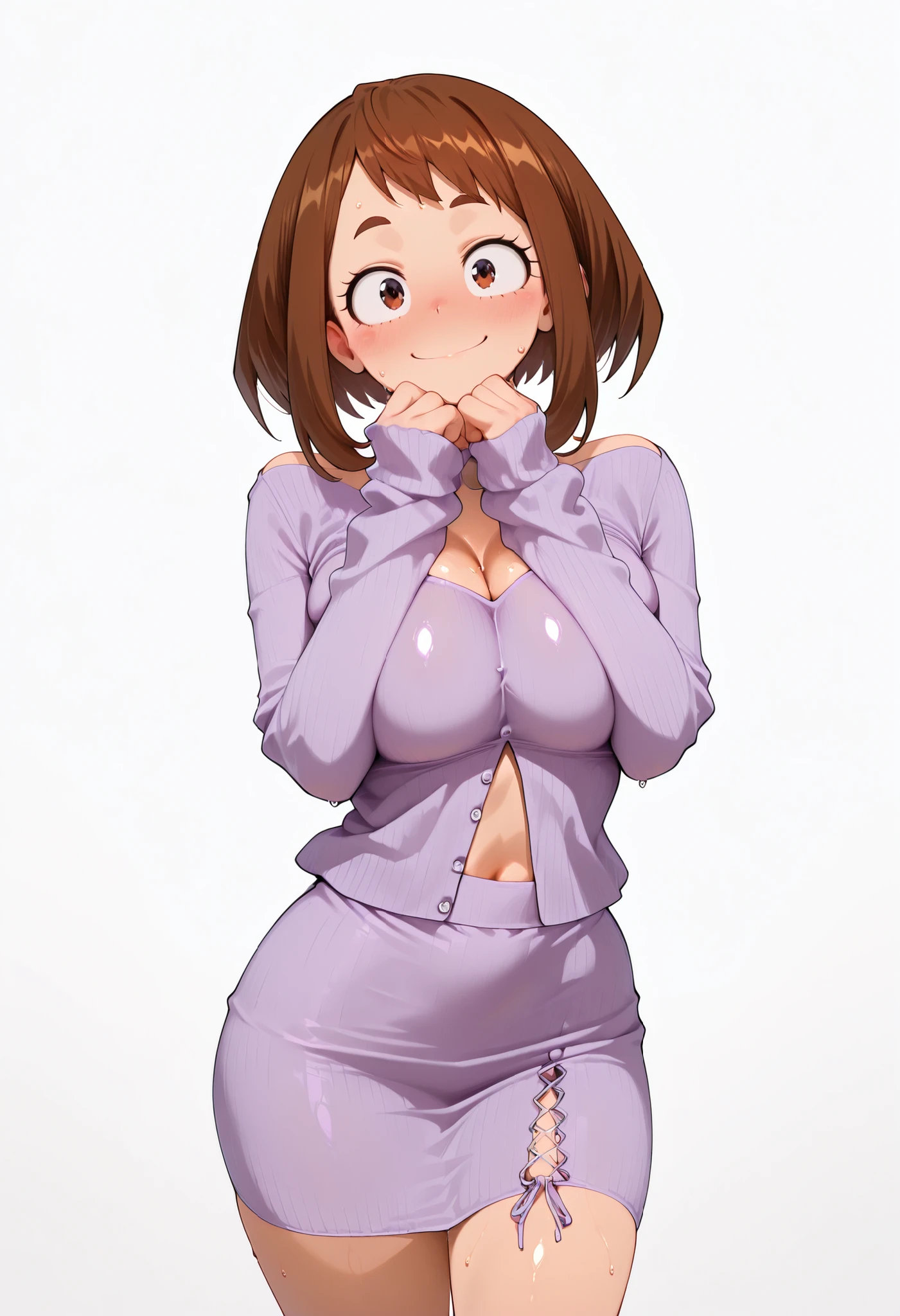 (masutepiece, Best Quality, hight resolution,, Perfect Pixel, depth of fields, 4K), Beautiful anime girl, Perfect body , uraraka ochako ,, ,,, cleavage, navel,, , , jewelry, , , sweat, , ,looking at viewer, , , ,, smile, , blush, with an extremely curvy and voluptuous figure, looking at viewer, shiny skin, shiny hair, shiny body, clear body, nose blush, BREAST FOCUS,, tight clothes completely flat white and empty background,, bubbling breasts, SOLO, white background, empty background, LARGE BREASTS, STANDING, POSING, contrapasso, view from front, (purple) sweater, (purple) skirt
