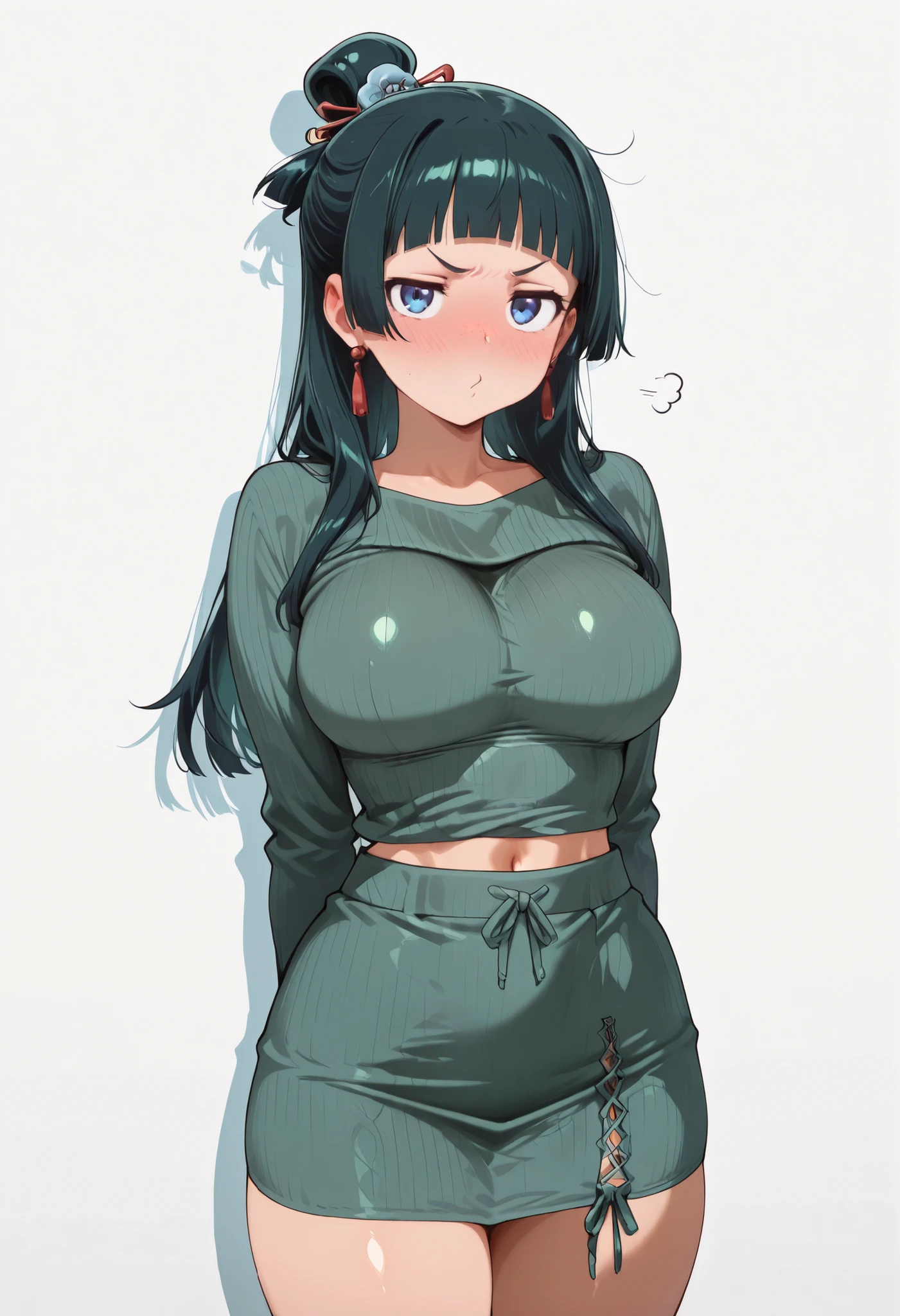 score_9, score_8_up, score_7_up, score_6_up, score_5_up, score_4_up, masterpiece, high quality, BREAK, 1girl, navel, midriff, rounded breasts, thick breasts, sfw, looking at viewer, nose blush, shiny legs, shiny body, shiny hair, clear skin, clear body,, large breasts, white background, simple background, thick thigh, thick thighs, standing, nice legs, solo, maomao, long hair, bangs, blue eyes, hair ornament, green hair, blunt bangs, freckles, hair bun, single hair bun, large breasts, pouting expression,,, COWBOY SHOT , LARGER BREASTS, hands behind on her, white background, empty background, (green) sweater, (green) skirt