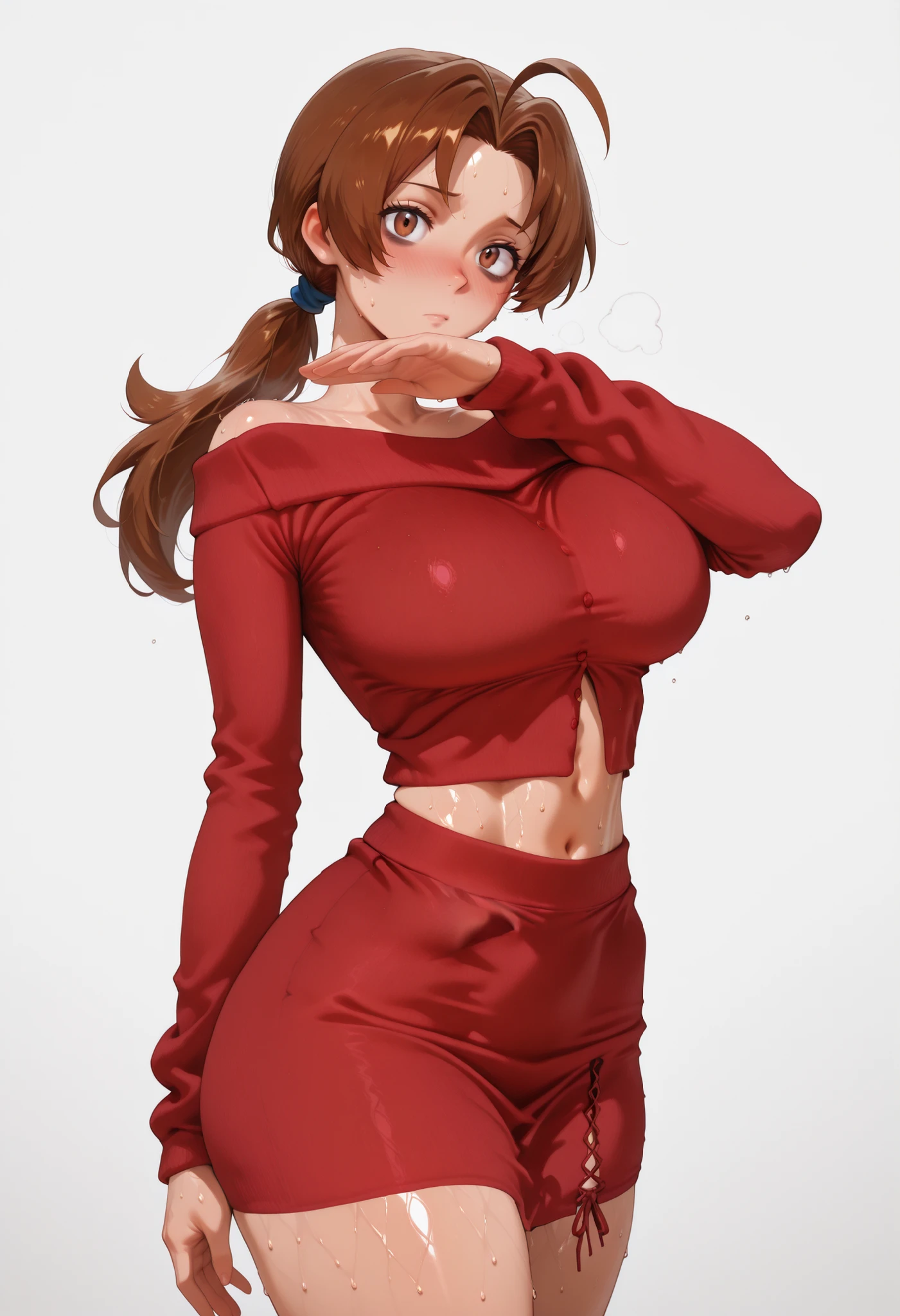 deliaketchum, brown hair, brown eyes, parted bangs, ahoge, ponytail, low ponytail, Solo, Delia Ketchum from Pokémon, BIG BREASTS , shiny skin, shiny hair, shiny body, clear body,, ,, , DYNAMIC POSE , BAGS UNDER EYES, LARGE BREASTS,, STANDIN UPRIGHT, COWBOY SHOT, POSING,, looking at viewer, nose blush, shiny legs, shiny body, shiny hair, clear skin, clear body, sweat, sweaty, sweaty:1.3, solo, thick thigh, thick thighs, solo, female, large breasts,, looking at viewer, large breasts, STANDING, POSING, COWBOY SHOT, NICE LEGS, opaque clothes,, large BREASTS,, solo, large breasts, thick thigh, dynamic pose, navel ,midriff, ,,,,, Looking At Viewer, tilting head,,, dynamic, dynamic composition,white background, empty background, (red) sweater, (red) skirt