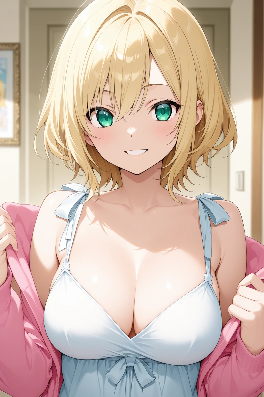 (((pixel-perfect, detail-perfect))), solo, 1girl, mami nanami, big ?????, ??????, ???? shoulders, looking at viewer, smile, standing, upper body: 1.0