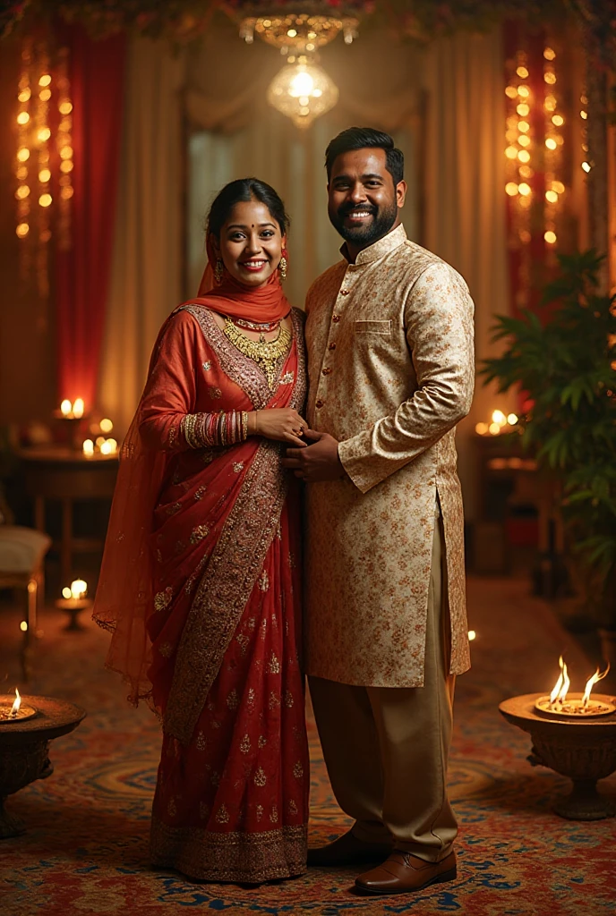 A radiant, full-figured South Indian 45 year old bride ( surrounded by a group of men)wearing a  cream colour silky saree standing in a living room, , captured in a full-body image with vibrant hues and meticulous details. Full body image