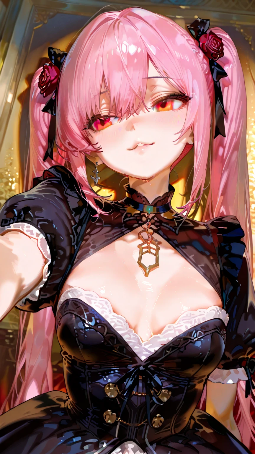 The image is of a beautiful woman wearing a tight fitting black lace lingerie. The woman has long flowing pink hair with strands of braided hair tied with red ribbon throughout. She has gorgeous green eyes that shine like emeralds. Her face is youthful and gorgeous. Her  are ample and seem too large for her tight fitting black lace bra. She is short in height but well developed -a short stack. She blushes as you look at her. She's standing in your bedroom and is excited to be with you. The image is ultra detailed with gorgeous colors, perfect line work, and detailed shading.