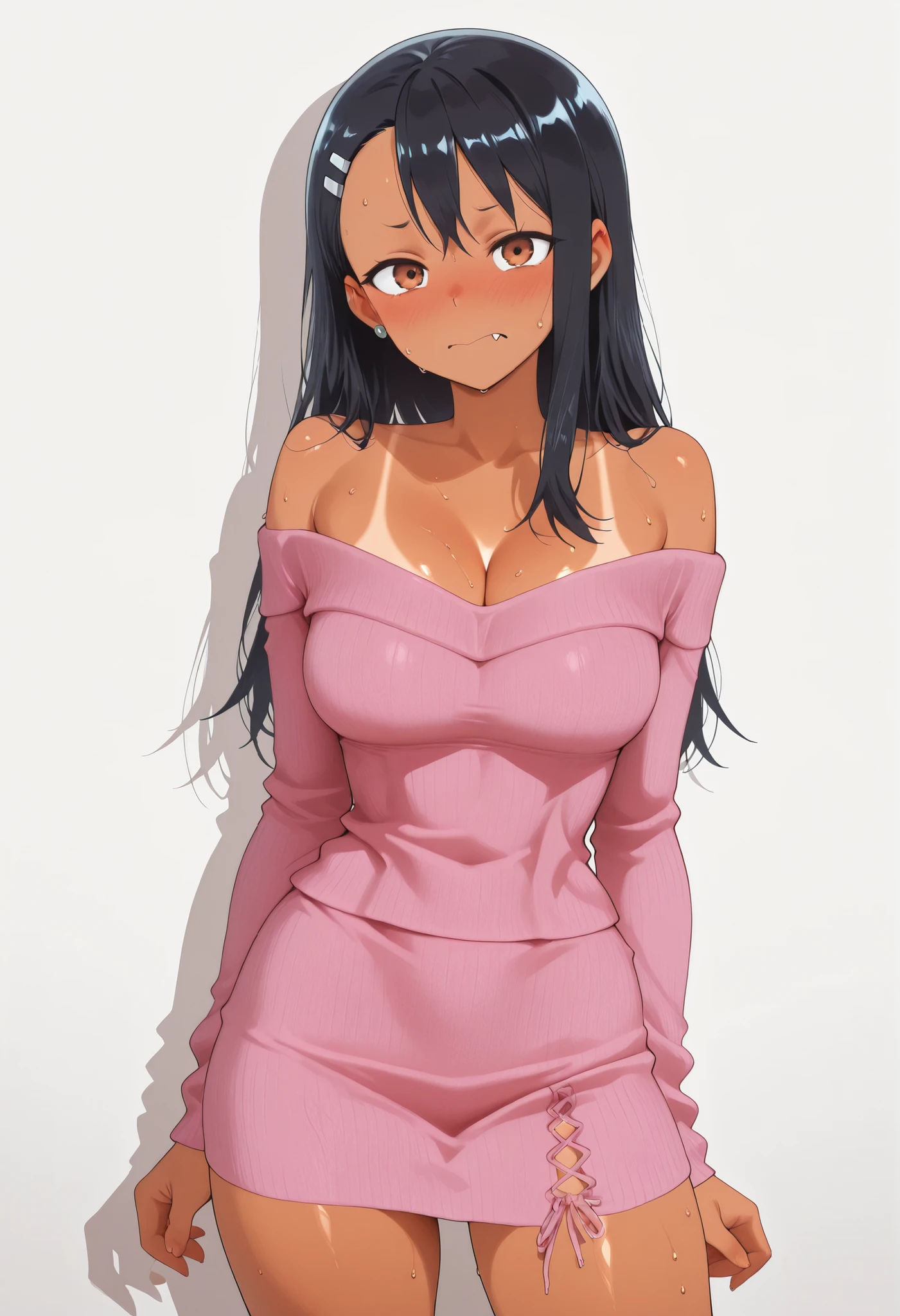 core_9, score_8_up, score_7_up, score_6_up, score_5_up, score_4_up, masterpiece, high quality, BREAK, 1girl, 1girl,, looking at viewer, nose blush, shiny legs, shiny body, shiny hair, clear skin, clear body, solo, thick thigh, thick thighs, solo, female, large breasts, looking at viewer, tan lines, large breasts, 1girl, hayase nagatoro, long hair, bangs, black hair, hair ornament, brown eyes, hairclip, fang, dark skin, dark-skinned female, tan, ,,,, dynamic pose, POSING, LARGE BREASTS, NOSE BLUSH, COVERED BREASTS,, ,, dynamic pose,, opaque clothes, LOOKING AT VIEWER, COWBOY SHOT,,, POSING, large breasts,, sweat, sweaty, sweaty:1.3, nose blush,, looking at viewer, nice legs, legs, standing, solo, female, shiny skin, shiny hair, shiny body, clear body, COWBOY SHOT,. High-resolution anime-style illustration, clean lines, smooth shading, and rich fabric details., opaque clothes, LOOKING AT VİEWER, opaque clothes, POSING,, CLEAVAGE, POSING, looking at viewer, NOSE BLUSH, LARGE BREASTS , CLEAVAGE, alone, earrings, nose blush, solo, STANDING, POSING,, ,, ,, , , , ,, , , , , ,, , , , , ,, , ,      
         , LARGE BREASTS, PROFESSIONAL LIGHTING, LIGHTED BODY, thick thigs, wide hips, slim waist, POSING, STANDING UPRIGHT, THICK THIGS, OPAQUE CLOTHES, white background empty background, (color) sweater, (color) skirt