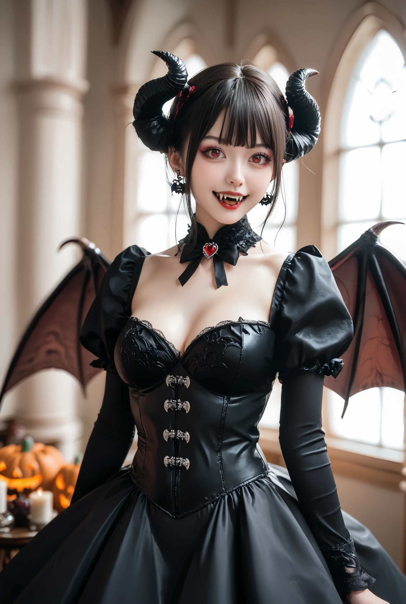 Sophisticated drawing, detailed, vampire, beautiful woman, wearing black horn catsuit, long black twin-tail hair, large eyes, mouth with fangs, wearing gothic dress, wearing large bat wings, standing and posing, Halloween ghosts around、傑作、最高品質、無修正