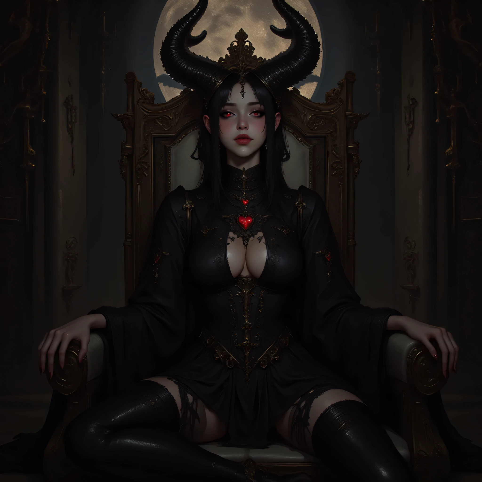 Beautiful devil, red eyes, perfect hands, dressed in an elegant and sexy 17th-century black costume (realistic: 1), (dark: 1.5), chiaroscuro, front view, ultra-high resolution, detailed background, inside a castle, sitting on a throne with the moon visible behind her, relaxed position with a mischievous smile on her face.
Negative aspects:
Poor anatomy, blurred definition, malformed hands, no watermark, no horns