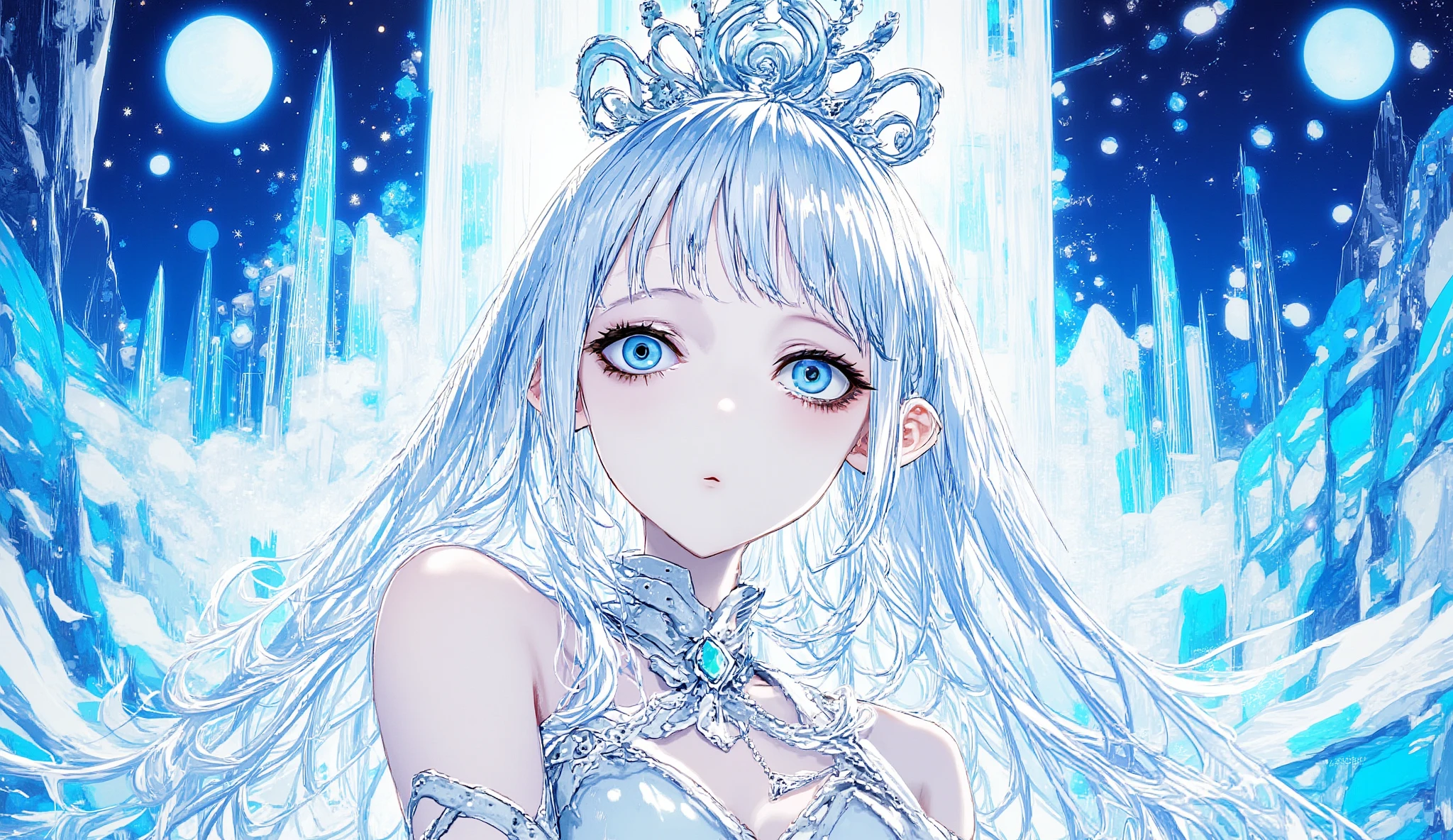 “Elegant ice warrior princess, silver hair glowing under moonlight, blue eyes full of emotion, holding a frosted sword, ice palace background, upper body focus, detailed anime illustration, mystical atmosphere.”