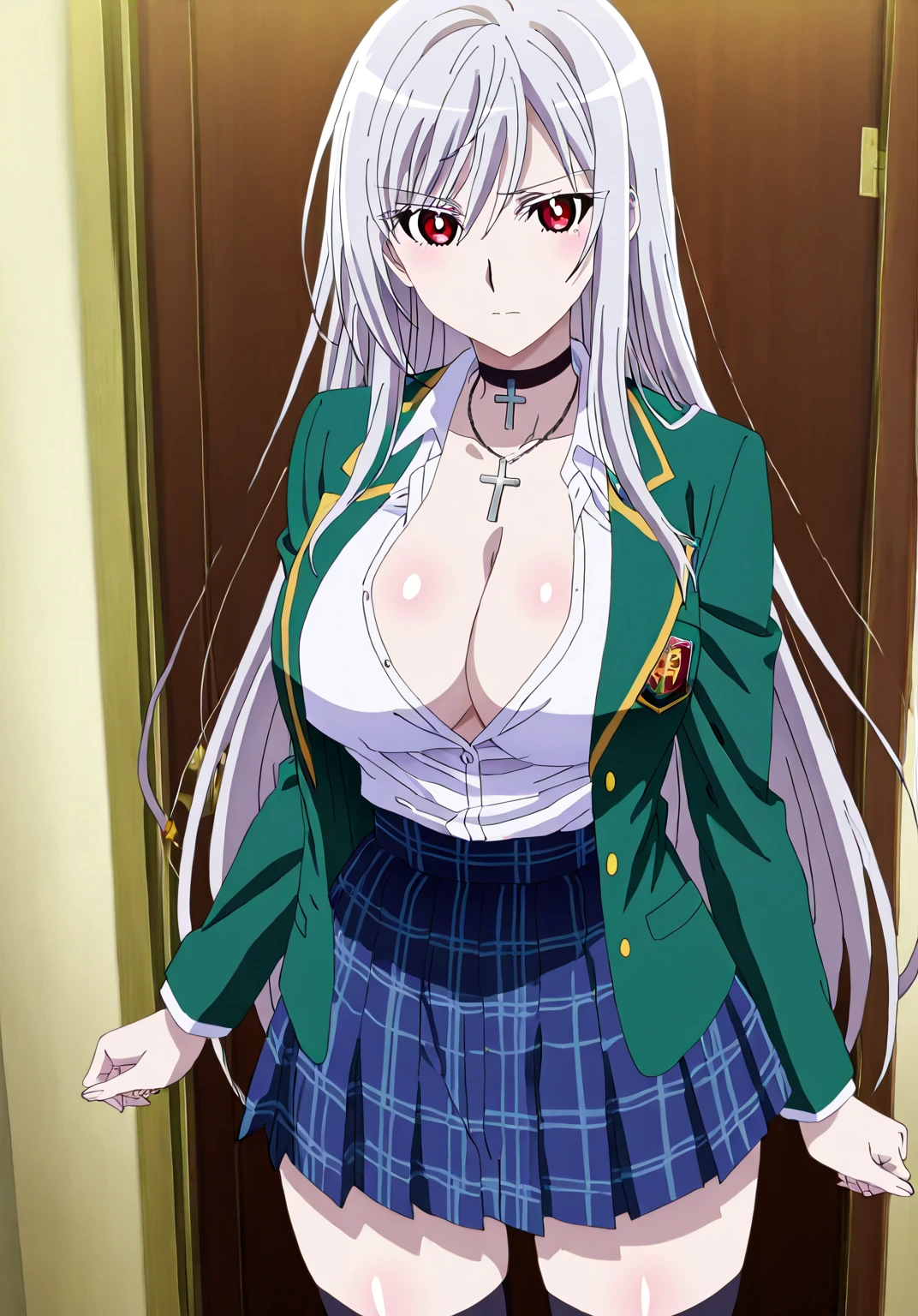 score_9, score_8_up, source_anime, solo, 1girl, cowboy shot, looking down, 
 <lora:AkashiyaMokaPdxlDwnsty:1>,Akashiya Moka Vamp, red eyes, white hair, long hair, ahoge, school uniform, collar, blazer, jacket, plaid skirt, choker, cross necklace, cleavage, collarbone, thighs,
huge breasts,  smirk, black bra, leaning forward, areola slip, partially unbuttoned, 
indoors, classroom, desk, windows,
