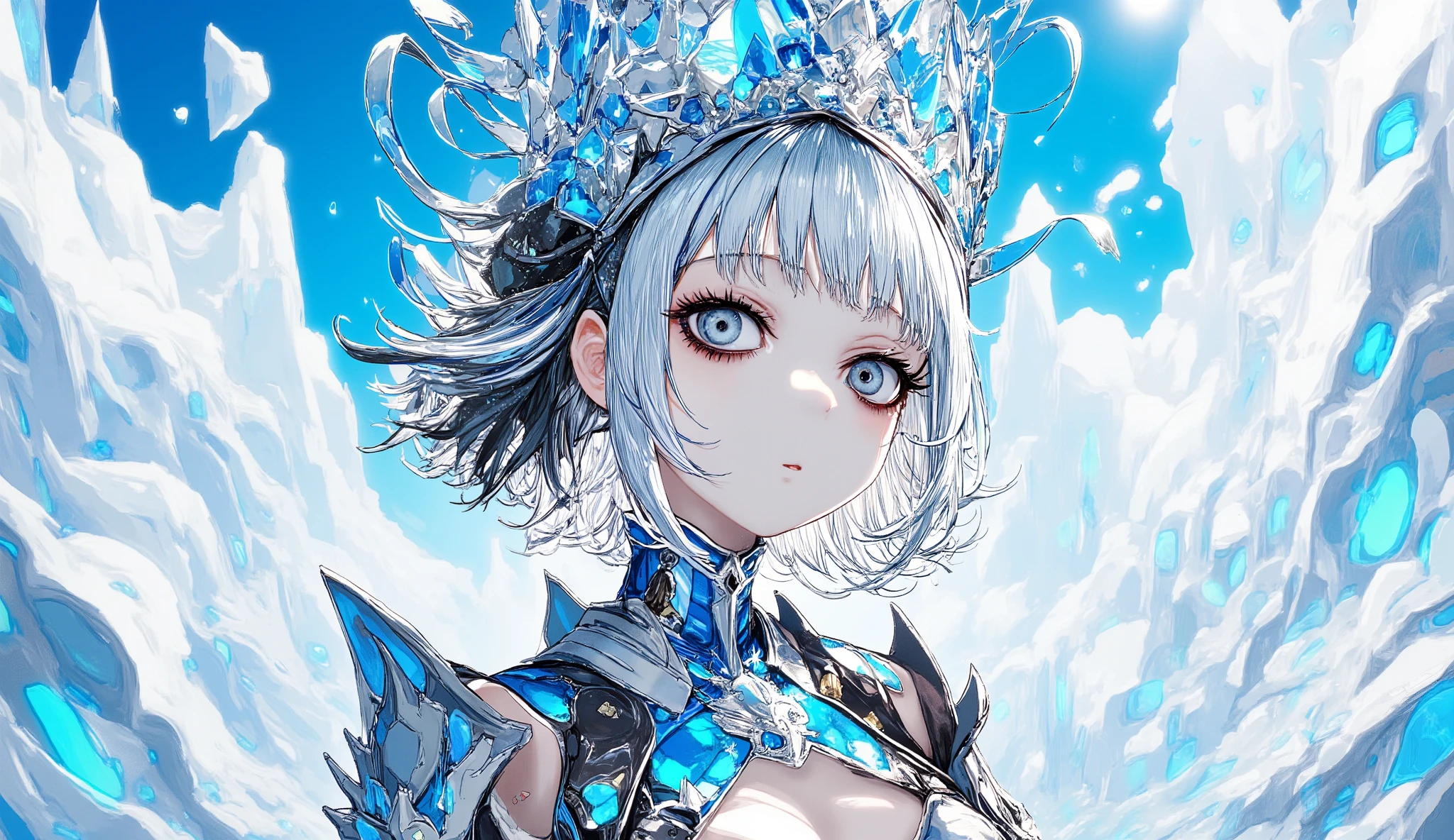 “Kawaii Metal style anime heroine, silver-haired with cold aura, wearing gothic armor and icy crown, surrounded by floating ice petals, upper body focus, intense yet beautiful, fantasy anime art.”