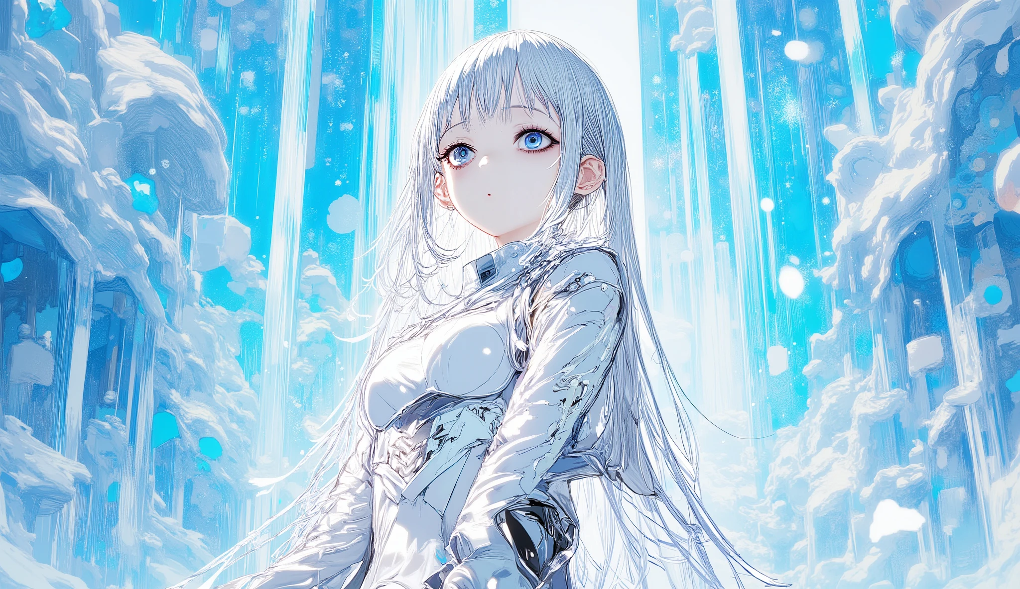 “Melancholic anime girl warrior in icy palace, silver hair reflecting blue light, white armor with frost motifs, delicate expression, snow gently falling, upper body portrait, soft but powerful aura.”