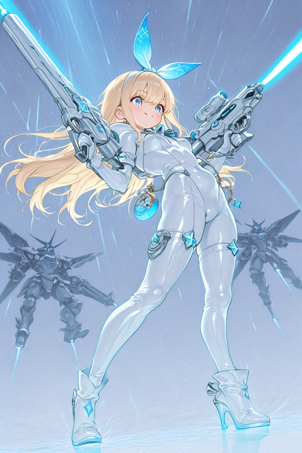 1girl, light blonde hair, aquamarine eyes, boots, ???????, bracelets, full body, hair ornament, (shoulder-length hair, ponytail), full body with costume, leotard, white leotard with blue accents, ???? legs, white stockings, white boots, ??????????????, perfect hands, complete fingers, solo, standing, superhero, (lighting logo on ?????), beautiful detailed eyes, beautiful detailed face, age 18, full body zenkai! asuka suit, full body portrait, body infused with electricity, diffraction spikes, heroic, standing straight, hands on hip, cowboy shot, city backdrop