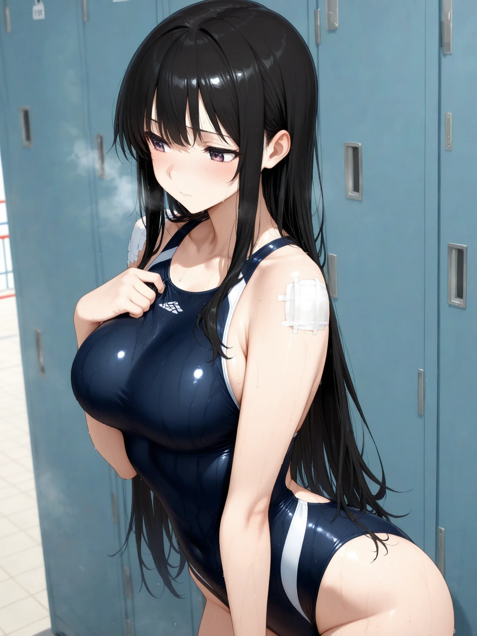 1 person，high school girl，((((Japanese School Swimsuit，There is a name tag on the chest))))，High Cut，((Low Angle，The camera is between her thighs，angle of view of ceiling，))，（From directly below:1.7），((Please straddle the camera and look down at me)），((Highest quality, wonderful,8k, masterpiece :1.3)), (Realistic, photoRealistic:1.4),dark blue hair,ponytail,long hair,blunt bangs, dark blue eyes,heart shaped pupils,[[pale skin]],Glowing Skin,  (Super :1.6), HH-sized breasts,beautiful breasts,(Big Ass),beautiful ass,Embarrassed,sweat,Wet,open legs,Very detailed,Cinema Lighting, Detailed light, Best Shadow, Dynamic Angle（From directly below:1.1）,Between the legs:1.5，( close up),(Pussy Focus,From before:1.3),( Body Twist:1.6),(shame:1.6),(:1.6),In the classroom,(Urge to urinate:1.6),(bladder full:1.6),(Urination Desire:1.6),(Splashing :1.6),(Person urinating:1.6),(Can't make it to the toilet in time and have to urinate:1.6),