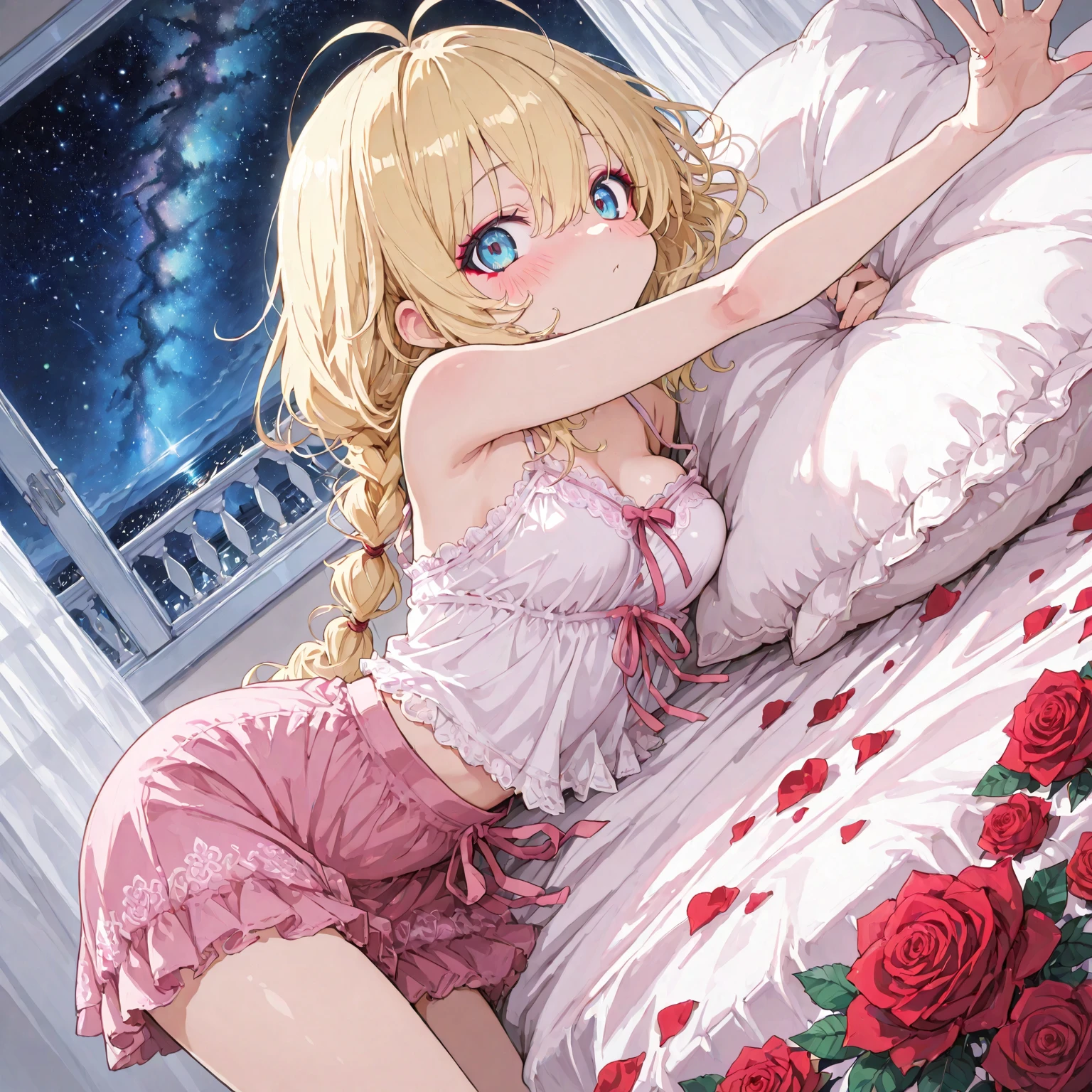 （best quality， masterpiece），mine, , details), (Light and shadow oxtail,，, bed background, Cute girl posing on pillow,，, ，Pillow,（piles of Pillow），Upholstered，（（four poster bed）），Soft pillow quotation，，Lots of Pillow，，（Pillow），，The love surrounding the protagonist，steam，，，Luxury Pillow），，（luxury bed），（Gorgeous pattern pillow），luxurious pillow，（bedroom ），，，pillow humping，hump，open mouth，,red eyes,,kneeling,（Love around the protagonist），（Steaming hot），（pillow）,Four poster bed，Canopy bed，Lots of pillow，princess bed，LatifaFleuranza, blonde hair, blue eyes, very long hair, tiara, LatifaPajama, pajamas