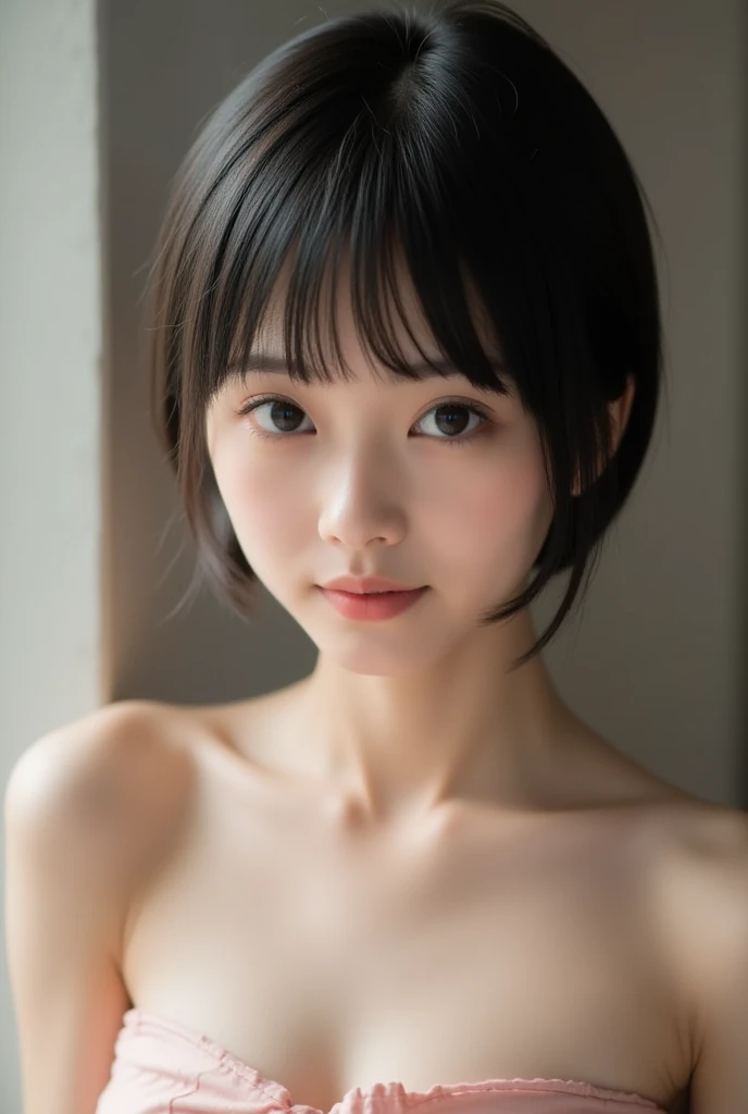 8K, (hyper realisitic:1.35), (Realistic:1.4), 1 beautiful Korean girl, A smile、A smile、独奏で.Thin makeup、​masterpiece, Top image quality, hight resolution, 独奏, no-pantie、no-bra, Latina, puberty, Jumping Window, frombelow, Open both thighs、The thighs are exaggerated, , a bed, Hairy , hard breathing,  expressions, 、独奏で:1.5), (japanaese girl:1.5), close-up, masutepiece, Best Quality, FULL , Raw photo, Photorealism, Face, Incredibly ridiculous, Beautiful Girl, Cute, Short hair, depth of fields, hight resolutionであり, Ultra Detail, Fine detail, Very detailed, extremely detailed eye and face, Sharp pupils, Realistic pupils, Sharp Focus, Cinematic lighting, Flat , Small , Small, (Small bust:1.2), Small bust, (slim, Small, Flat, Small), slender, Delicate and  collarbone, slender, masutepiece, Soft light, 白いa bedの上, without a single thread! Hairy genitals、Rooms with natural light、a bedの上に横になっている、Open your crotch、Hairy genitals、I can see your 、cute shy expression、Makeup that makes you look almost without makeup、The skin color of the body and the skin color of the face are the same color、Unadorned natural color'dong'dong'dong'dong'Don't make your face too white、Supernatural skin、i have a small mole、Natural light coming in through the window、Small devil'charm of
