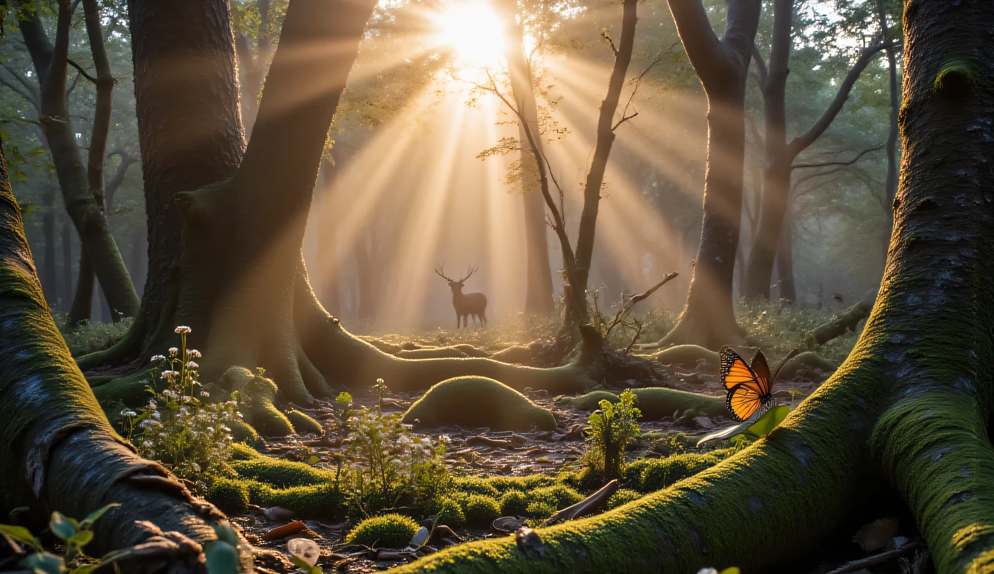 Ultra-photorealistic RAW photograph of dawn light filtering through ancient forest canopy, golden sunbeams piercing morning mist creating visible light rays between twisted tree trunks, forest floor covered in emerald moss with perfect water droplets catching light like tiny prisms, delicate white wildflowers emerging from rich soil with intricate petal structures visible, single monarch butterfly with perfectly detailed wing patterns landing on dewy leaf, atmospheric particles suspended in light beams creating dimensional depth, fallen log covered in luminescent fungi with bioluminescent blue glow, distant deer silhouette partially obscured by mist adding sense of wild presence, perfect composition with foreground detail transitioning to atmospheric middle ground and mysterious background, shot with 75mm lens creating masterful depth of field with selective focus on key elements, Technicolor processing enhancing natural color palette without appearing artificial, cinematic color grading with rich shadows and controlled highlights preserving all detail, 8K resolution capturing microscopic textures of bark, moss, and butterfly wings, absolutely pristine clarity with zero noise, gallery-quality presentation with breathtaking visual impact, completely indistinguishable from reality