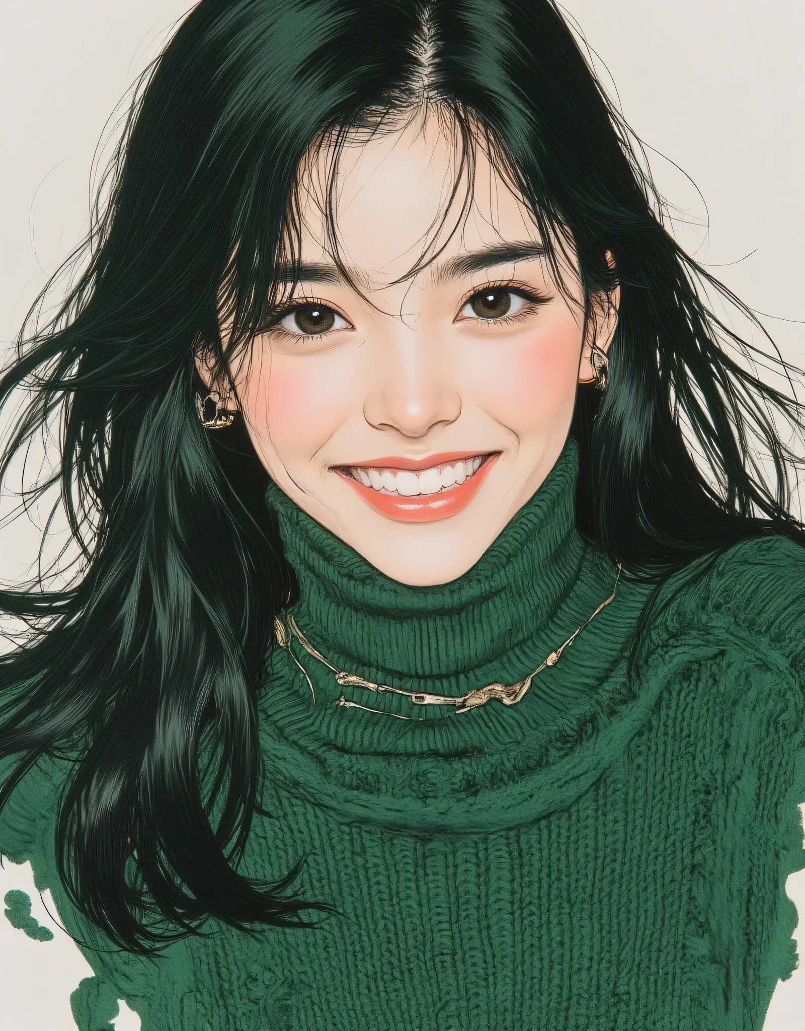vivid, very detailed, Award-Winning Illustration, Professional. Smiling Woman, ((口を開けて笑っているbeautiful女性:1.6))、portrait、face focus、sketch style、dark green hair、emerald eyes、green sweater, provocative,  beautiful, Fantasy shot with a Nikon Z7 II mirrorless camera. hyperrealistic, masterpiece, high resolution skin riding on a handrail、Light Shadows、最高masterpiece、