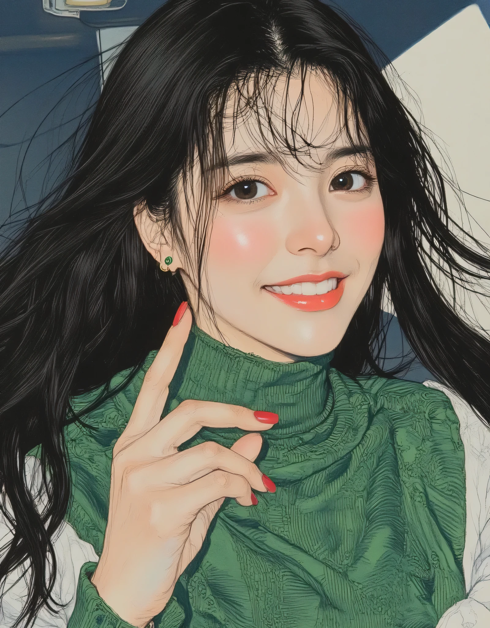 vivid, very detailed, Award-Winning Illustration, Professional. Smiling Woman, ((口を開けて笑っているbeautiful女性:1.6))、portrait、face focus、sketch style、dark green hair、emerald eyes、green sweater, provocative,  beautiful, Fantasy shot with a Nikon Z7 II mirrorless camera. hyperrealistic, masterpiece, high resolution skin riding on a handrail、Light Shadows、最高masterpiece、