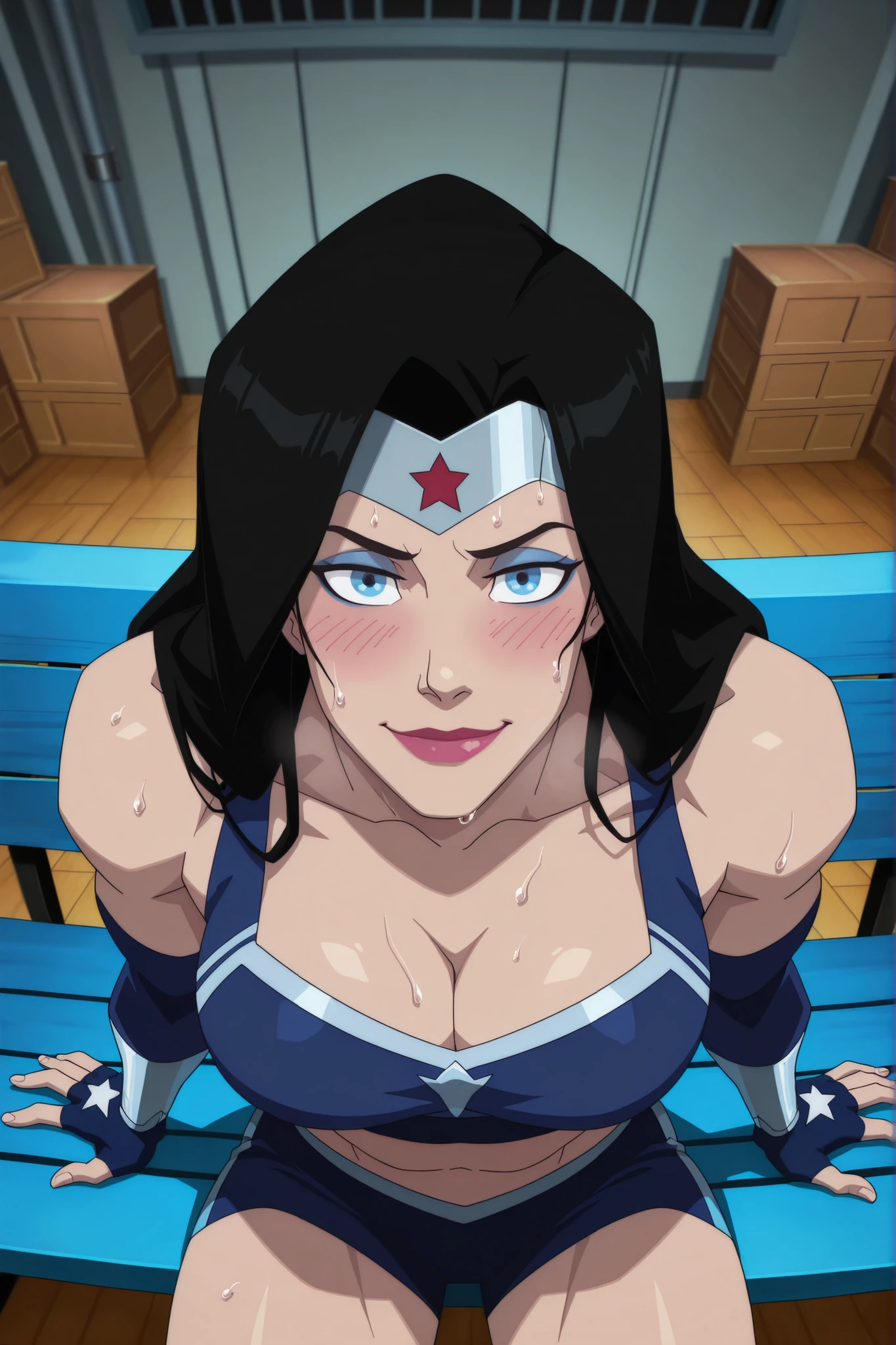 BREAK, score_6_up, score_7_up, score_8_up, score_9, 1girl, solo, long hair, blue eyes, black hair, bare shoulders, blue eyes, muscular female, midriff, bare shoulders, lipstick, makeup, wwBl00d, large breasts, busty, cleavage, curvy, athletic, looking at viewer, seducing viewer, teasing viewer, seductive expression, smiling, closed mouth, bedroom eyes, blue sports bra, blue gym shorts, blue fingerless gloves, indoors, gym, sitting on bench, closeup, portrait, upper body, high-angle view, blue eyeshadow, sweaty, sweat drops, blushing