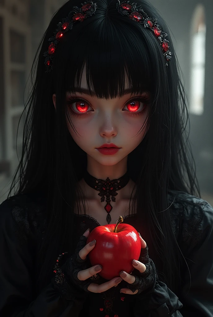 ((Photo RAW), absurde, (absurd resolution)), masterpiece, better quality, (Extremely detailed Unity CG Wallpaper in 8k), (meilleure illustration), (meilleure ombre), Realistic lighting, beautiful detailed brilliance, ((21 ans)), fille, cheveux longs noirs, reine noire, accessoires, pomme en main, poison apples,  witch queen, lipstick, (((Perspective photographique d'elle))).