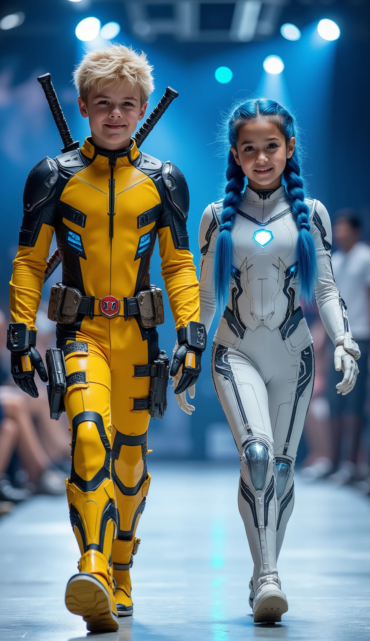character: 1 preteen boy blonde hair wearing yellow venom Deadpool body suit with silver armor futuristic blue accents with Two swords on the back, and 1 preteen girl blue hair Two braids hair Long Wearing futuristic white venom Ironman body suit with silver armor futuristic blue accents, white skin pale.
action: Walk straigh. They look at the camera.
Expression : smiling.
Background : On the runway stage with dynamic lighting from all sides. They radiate happiness as they walk confidently in their costumes. full body view.