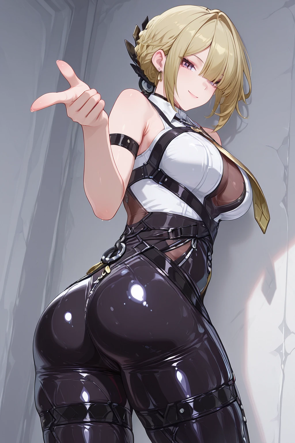 Best quality, High Resolution, absurd, masterpiece:1.2, 1girl, alone, cowboy shooting,  looking at the lens , from below, Back posture,  dynamic pose, (Beautiful Delicate Eyes:1.6), short white hair, Ponytail, long ponytail, red eyes, charming eyes, Delicate Face, perfect hands, (Perfect Anatomy, perfect body, Perfect thighs, Big Breasts, sexy, full), butt, Evelyn Chevalier, EVELYN CHEVALLIER, purple eyes, blonde hair, short hair, collared shirt, white shirt, The only Pottsness , Jewelry, tie, High waist pants, Arm band, chest harness, thigh strap,