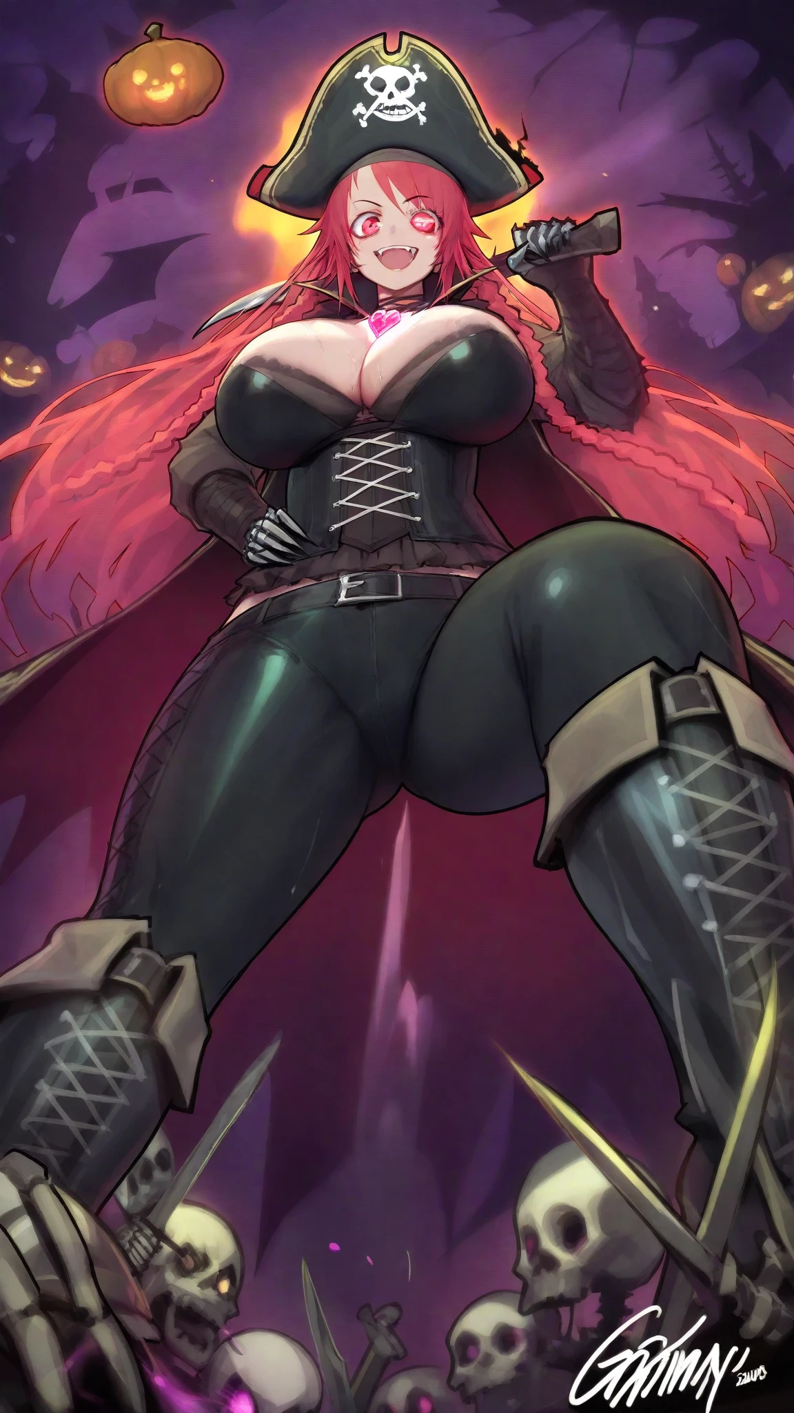 succubus clad in formfitting black latex uniform adorned with shiny gold accents, (large+ bat wings)+, (black curled horns)+, pointy tail, Her voluptuous hourglass figure((??????????????:1.3))((medium thick ????:1.1)), heavy armored breastplate and matching thigh-high boots she wore, Long flowing crimson hair, ivory skin, emerald eyes, low camera, front veiw, ((subject's body facing viewer))++ ?????????? standing over viewer, low angle