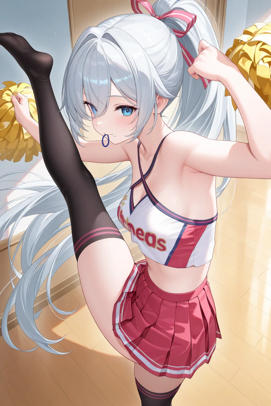 1girl,<lora:BacheEqualDTST2-000007:1>, tnsfit, standing, waving outdoors, single thighhigh,