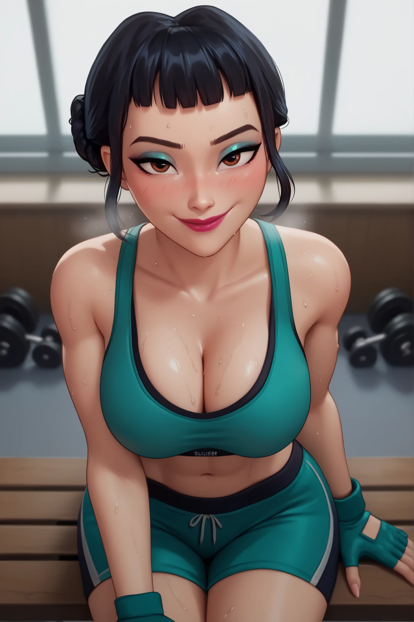 BREAK, score_6_up, score_7_up, score_8_up, score_9, 1girl, solo, kpdh_z0ey, black hair, short hair, hair bun, brown eyes, blunt bangs, lipstick, makeup, official KPop Demon Hunters aesthetic, , busty, cleavage, curvy, athletic, looking at viewer, seducing viewer, teasing viewer, expression, smiling, closed mouth, bedroom eyes, teal sports bra, black gym shorts, teal fingerless gloves, indoors, gym, sitting on bench, closeup, portrait, upper body, high-angle view, blue eyeshadow, sweaty, sweat drops, blushing