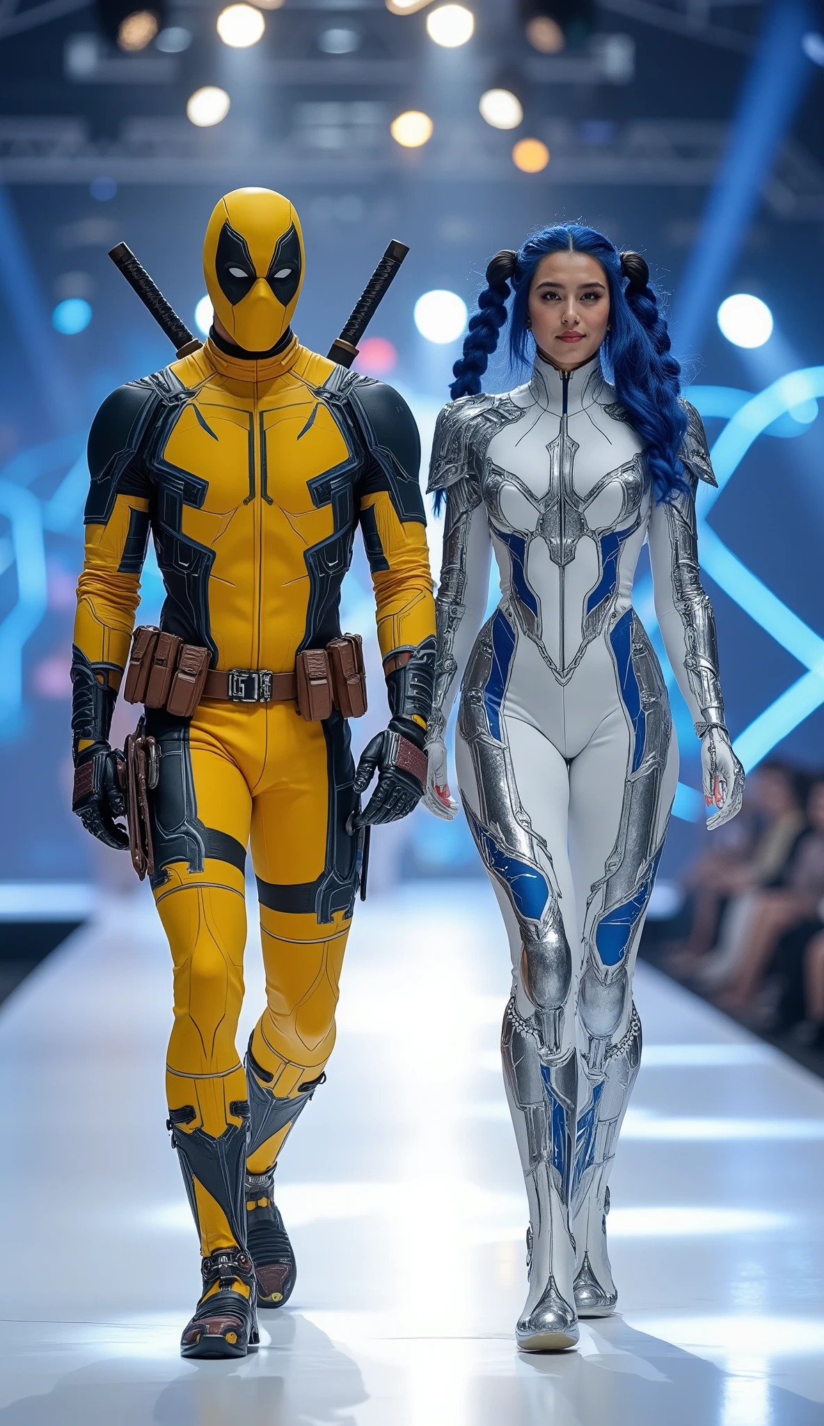character: 1 young man with mask full head wearing yellow venom Deadpool body suit with silver armor futuristic blue accents with Two swords on the back, and 1 young woman blue hair Two braids hair Long Wearing futuristic white venom Ironman body suit with silver armor futuristic blue accents, white skin pale.
action: Walk straigh. They look at the camera.
Expression : smiling.
Background : On the runway stage with dynamic lighting from all sides. They radiate happiness as they walk confidently in their costumes. full body view.