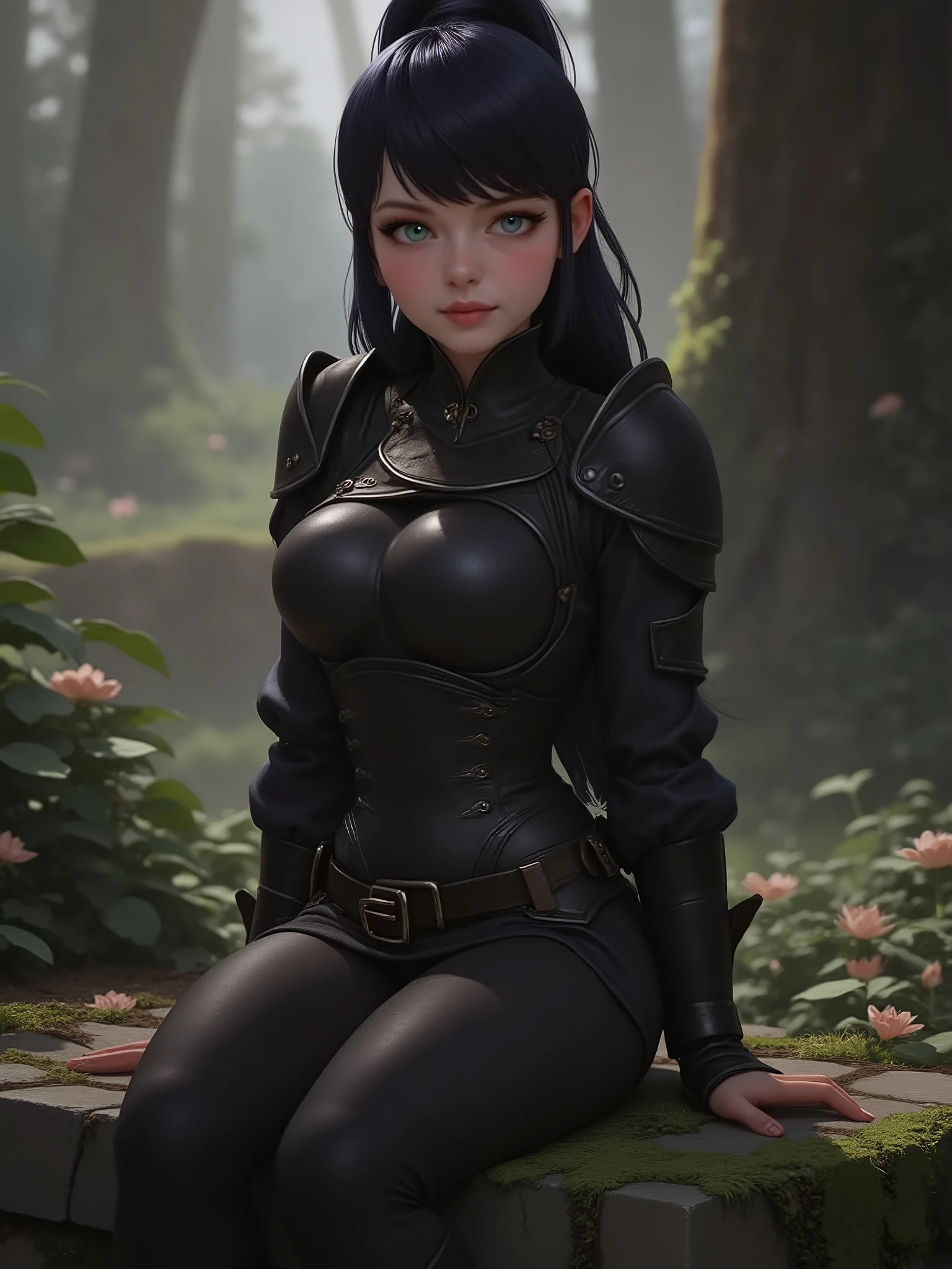 marinette Dopanchan, A very beautiful 24 year old woman, sitting on a moss-covered stone bench, broken leather armor in petrol black, cinematic lighting, soft depth of field, blurred background of trees, (((Masterpiece))), (((high quality, UHD, 16k quality, sharp focus))), sharp focus on the face, natural bokeh, no blur, film grain, top quality, (Best Quality).