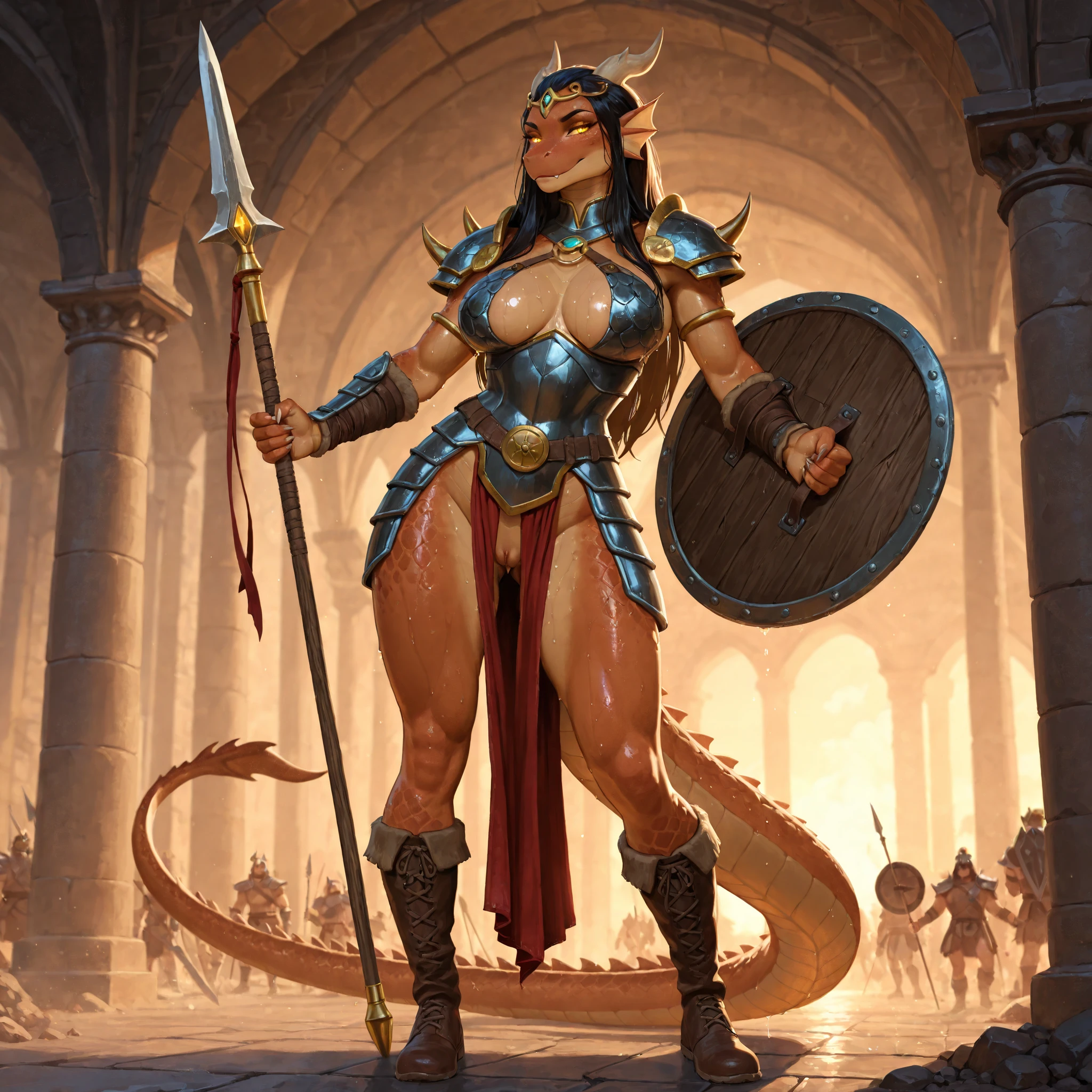 score_9, score_8_up, score_7_up, raidtrunda, 1girl, solo, detailed face, detailed eyes, blonde hair, blue eyes, helmet, gorget, armor, gloves, cowboy shot, muscular. fantasy background, cave, dwarf architecture, sweat, shiny body, dynamic pose, dim light, castle, tower, bridge, flexing, looking at viewer, smile,