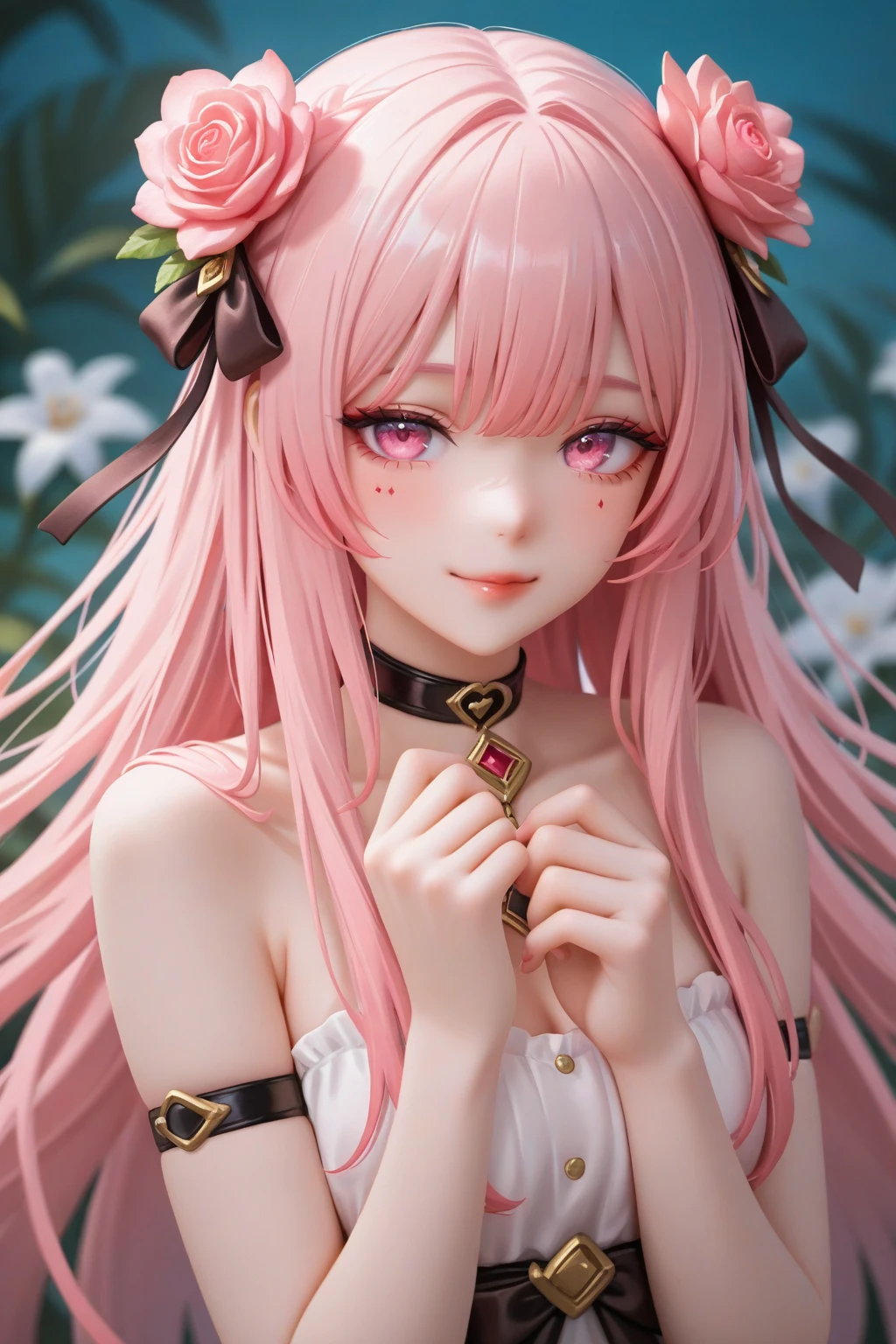 best quality, masterpiece, High target, There is a girl with a basket of flowers on her head, beautiful clothes, Hair Decorationss, necklace, Decorations, Pretty Face, When the body, Tyndall effect, Realistic Portraits, Edge lighting, Two-color light, (Very delicate skin:1.2), 8K uhd, Digital SLR Camera, Soft Light, high quality, Volumetric Lighting, Honest, photo, high resolution, 4K, 8K, Bokeh,Fuchsia hair，Orange hair tips, Pink Eyes.