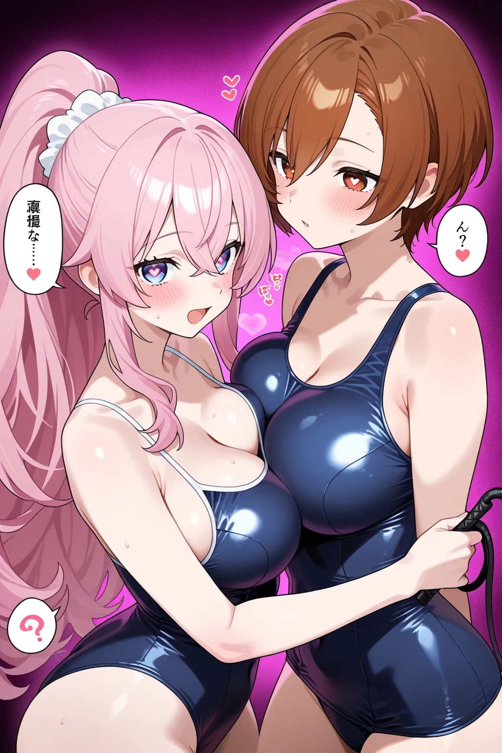 (((two girl))),((Perfect body,))((Super beautiful,))((High quality,)), (sweaty,) (wet all over,) blush,saliva, steam,((Shiny glossy high-leg leotard, long enamel gloves, enamel thigh-high socks,)),collar,,solo,gigantic breast,Heavy breathing,cowboy shot,Two beautiful girls are pressing their huge breasts against each other,nsfw,nipple,harem,
nsfw,(half closed eyes),nsfw,