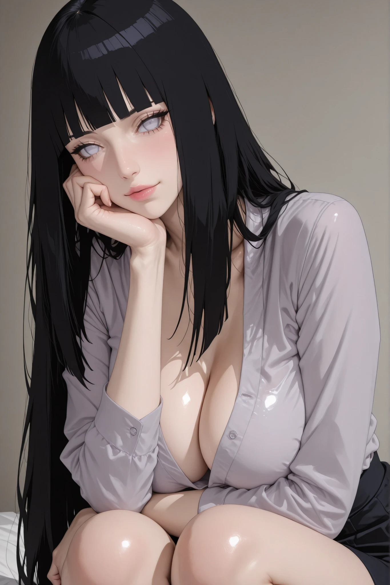 "a girl with physical characteristics similar to Hinata Hyuga in the Naruto anime series, long black hair, with bangs, soft pale lavender eyes without pupils, full pink lips with a sexy body shape, very large breasts with a prominent cleavage, she poses looking down with her hands resting on her knees and the other hand gives a kiss with a seductive look, she wears clothes like in the anime, 3D anime, ultra HD, high quality, detailed.