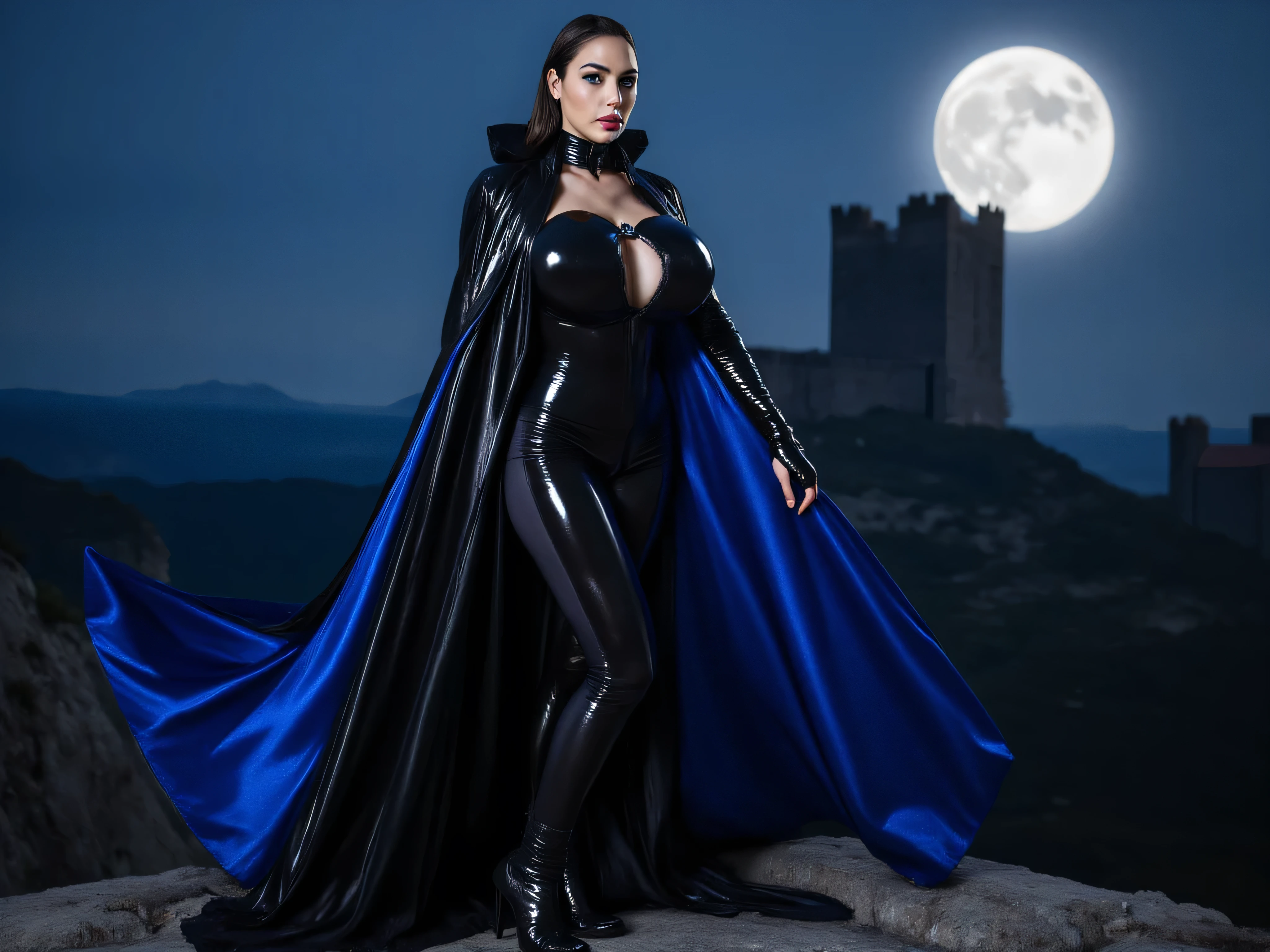 bright flash,overexposed,raw photography,Full length view create a very tall slender buxom Vampire woman wearing a dramatic, shiny latex ensemble. The centerpiece is a latex Catsuit enhancing her very Large Breasts, Shiny Pants leading into black thigh high Boots.
Over the Catsuit is a long, flowing shiny Glossy Black Leather cape or cloak with a shiny Royal Blue satin lining. The cape has a simple, elegant design with a very high wide collar that fastens at the neck with a small, dark metal clasp with a Bat medallion around her neck. The fabric of the cape appears to be a heavy, possibly patent leather-like material, creating a sleek and luxurious look. The overall effect is one of dark glamour and gothic sophistication. The Vampire beauty's short slick black hair, glowing green eyes and dark gothic lips accentuates the costume’s boldness. Standing on a mountaintop ledge with her Gothic Castle in the background on a dark windy night with a full moon and bats flying around as the very long sweeping cape billows far out on the side.